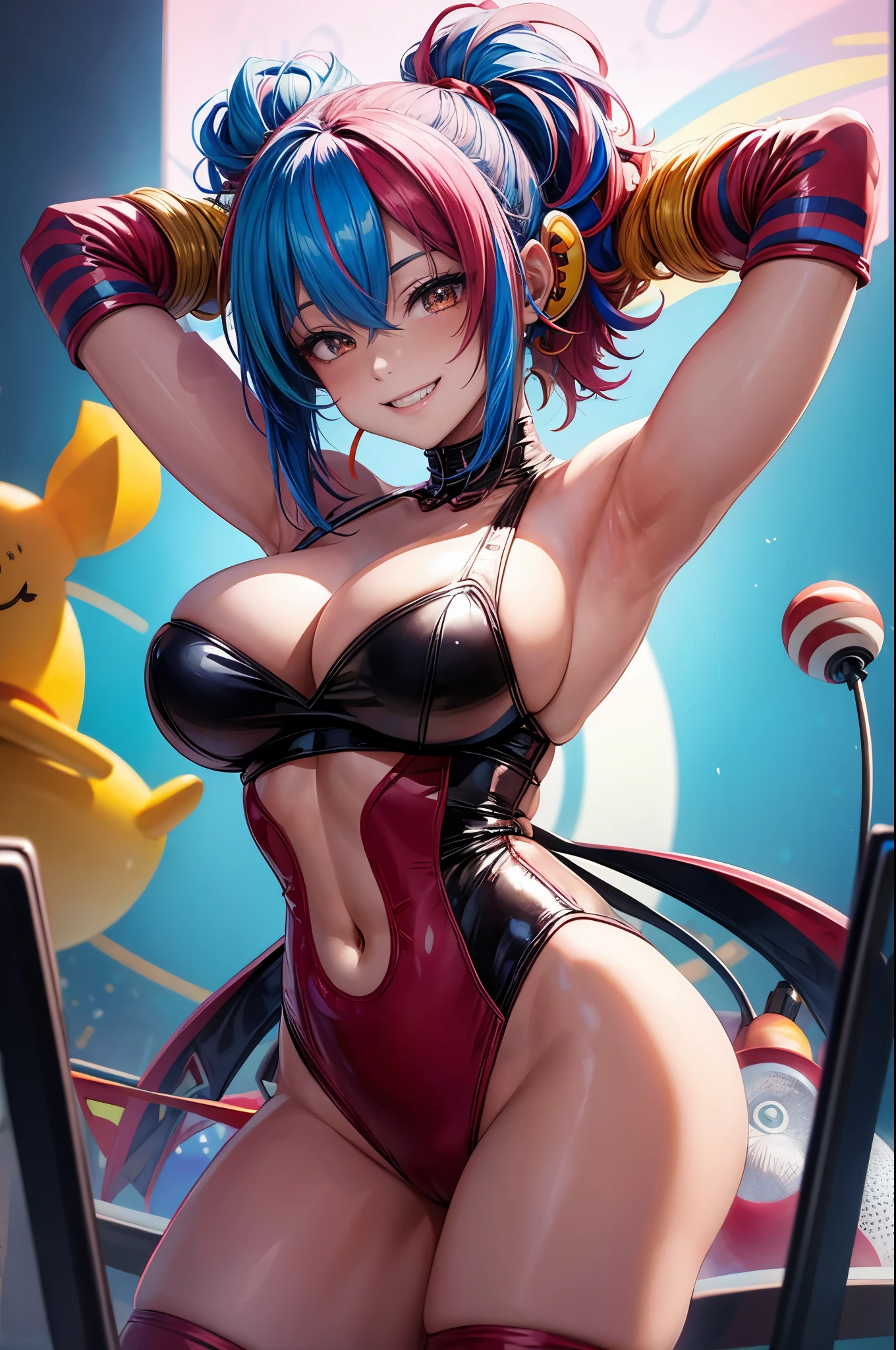 hentai, female circus clown, multi color hair, smiling, arms behind head, cyberpunk