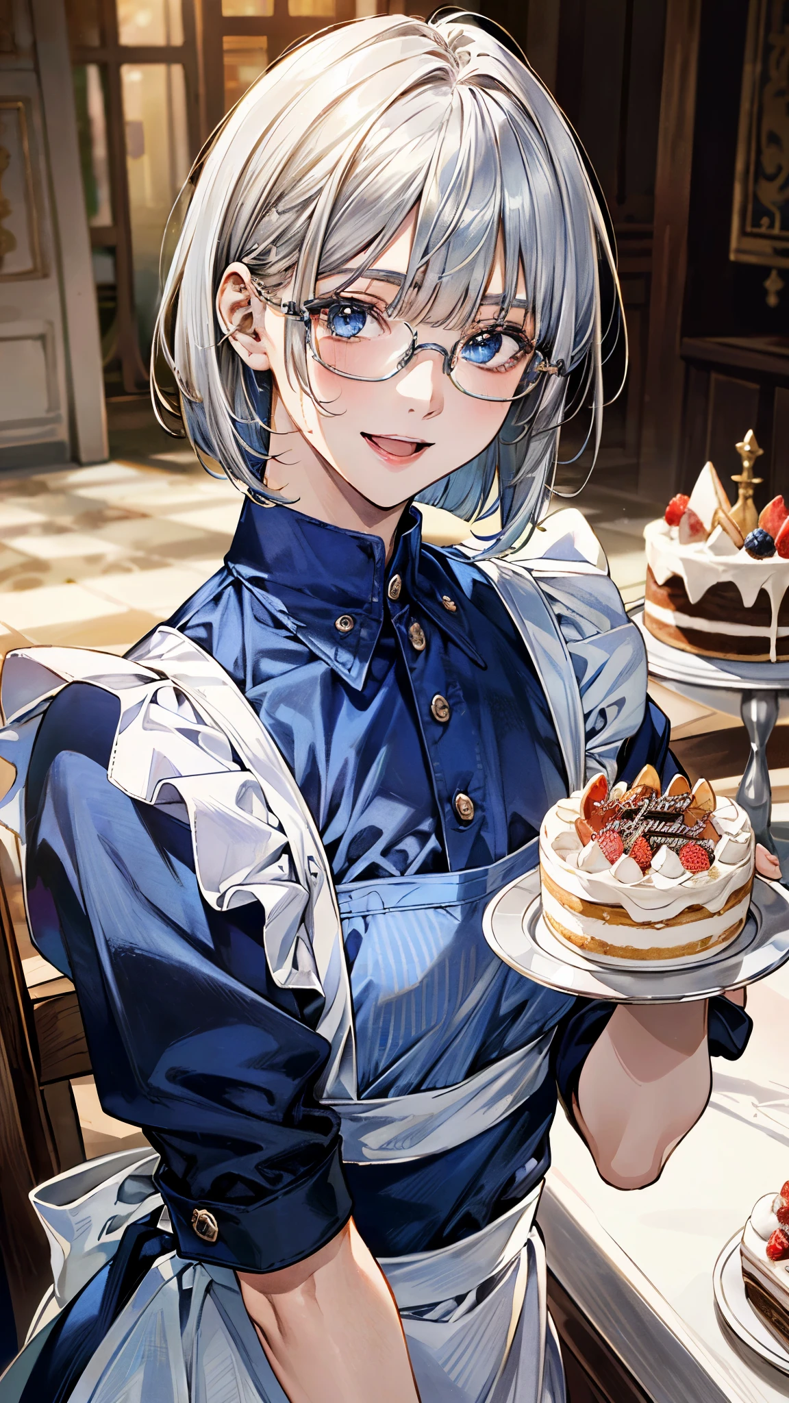 (masterpiece:1.2, top-quality, ultra high res, ultra detailed), (realistic, photorealistic:1.4), beautiful illustration, (natural side lighting, movie lighting), 
looking at viewer, (face focus, upper body)1 girl, japanese, (cake craftsman), 15 years old, perfect face, (perfect anatomy), cute and symmetrical face, baby face, shiny skin, slender
(short hair:0.8, bob cut:1.5, silver hair), blunt bangs, hair between eyes, blue eyes, big eyes, drooping eyes, long eye lasher, (medium breasts), 
beautiful hair, beautiful face, beautiful detailed eyes, beautiful clavicle, beautiful body, beautiful chest, beautiful thigh, beautiful legs, 
((detailed cloth texture, metallic blue apron maid, blue stripe shirt, white collar, white maid apron), metallic blue-rimmed glasses), , 
(beautiful scenery), evening, IvoryGoldAI, (cake shop), standing, (lovely smile, upper eyes, open mouth small,), 