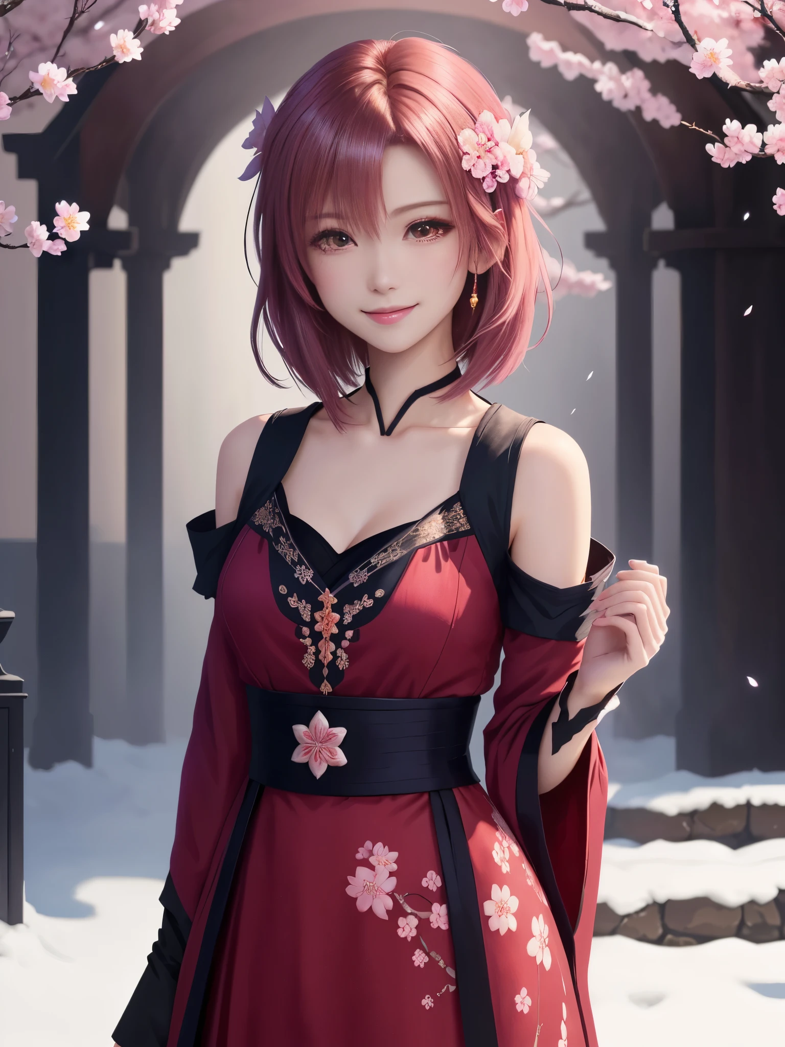 masterpiece , best quality,smile,smile,small face,shoulder exposure,less cleavage exposure,light pink hair,slender body shape,brown eyes,sharp contrast,short hair,Beautiful short hair,Berry Short,short cut hair,just one person,precision quality,Faithfully reproduced eyes, 一面に咲くcherry blossom background,snow scene,masterpiece, 幻想的なcherry blossom background,night,nightの背景,cherry blossom background,beautiful details, colorful, delicate details, delicate lips, intricate details, genuine, ultrargenuineista, 枝に座っている色とりどりの髪のFoxを持つ女の子:Mature, bright eyes, ,色とりどりのFox, raposa de nine tails, 三尾Fox, 三尾Fox, onmyoji detail art, beautiful fine art illustration, mythical creatures, Fox, beautiful digital art,shrine maiden,hold hands,exquisite digital illustration, mizutsune, Inspired by mythical wild web creatures, pixiv in digital art, shining light, high contrast, Mysterious,