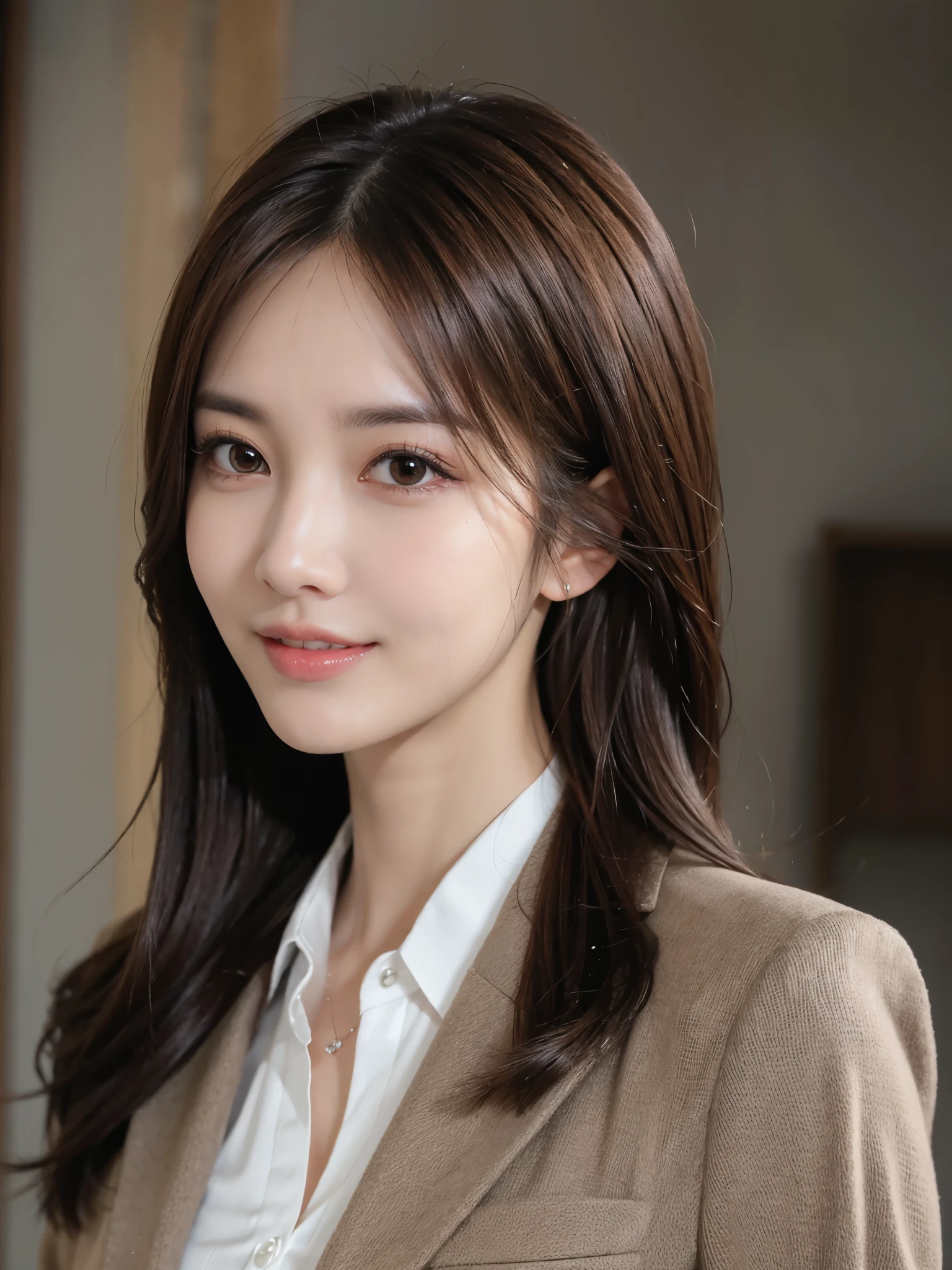 masutepiece, Best Quality, Photorealistic, Ultra-detailed, finely detail, High resolution, 8K Wallpaper, 1 beautiful woman,, light brown messy hair, in a business suit, sharp focus, Perfect dynamic composition, Beautiful detailed eyes, detailed hairs, Detailed realistic skin texture, Smiling, Close-up portrait, Model body type