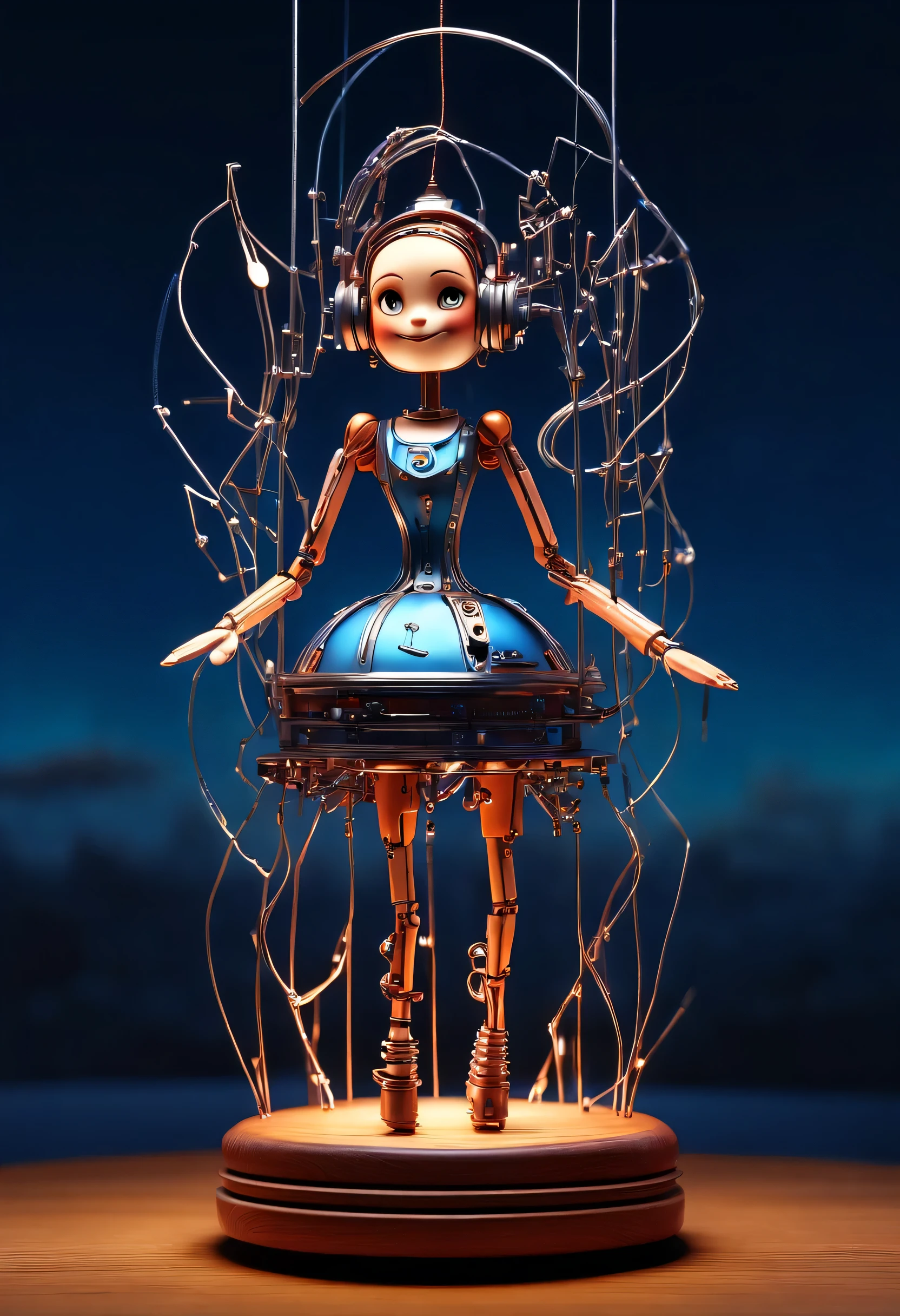 role conception, Mechanical doll design.
(whole body), (A mechanically constructed happy dancing doll stands on a glass music box), A thread pulls the finger, Slender precision machined wooden hands and feet, (Countless neatly arranged luminous titanium wires fall from the sky，Connected to fingers and slender legs: 1.3), (light trails surround the wooden rotating base of the glass music box), Cute and beautiful cartoon face, Extra long red double braided hair, blue and orange dress, Exquisite and simple mechanical body, clockwork, gear, Electronic equipment, machine, background: The future cyberpunk science fiction concert hall is beautiful and detailed. blue and orange skirt, Exquisite and simple mechanical body, clockwork, gear, Electronic equipment, machines, background: The future cyberpunk science fiction concert hall is exquisite and detailed.
8k, super detailed, actual, high resolution, Ray tracing.