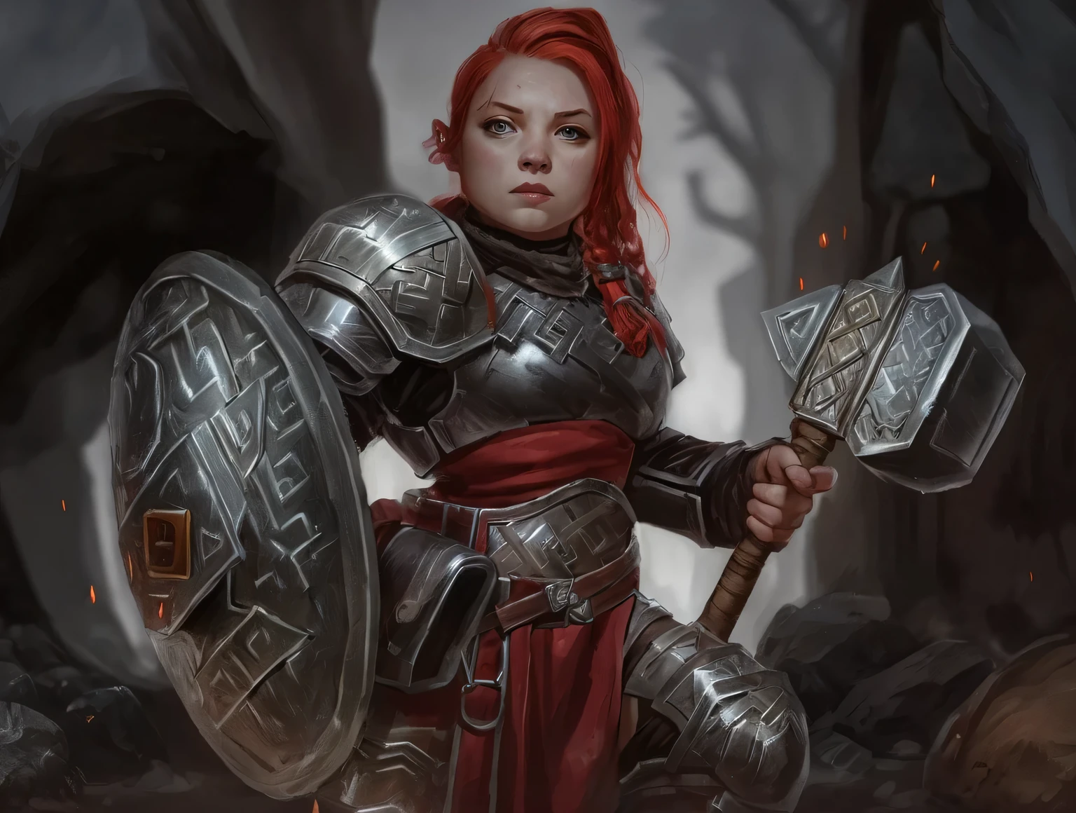 dwarf woman in armor, heavy armor, shield and hammer, Red hair, Stern face, epic pose, in the background there is a dark underground cave