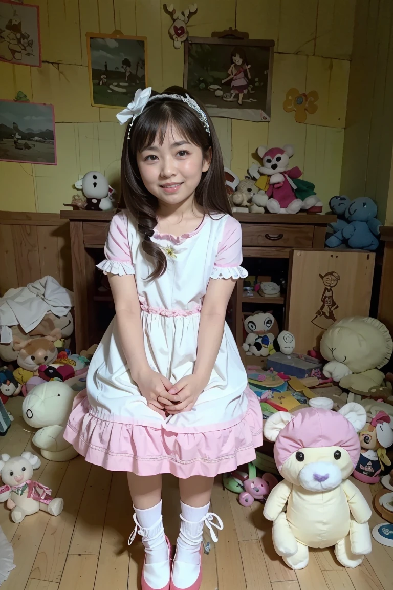 Highest image quality、highest quality、highest resolution、masterpiece、shot at low angle、full body shot、hair ornaments、((Cute 10 year old 4th grade girl))、brown long hair、(I love toys, dolls, and stuffed animals.:1.5)、smile、（Pink polka dot frilly underwear:1.5）、（Have toys, dolls, or stuffed animals:1.5）、(lean body:1.2)、(:1.2)、wearing slippers、old dilapidated and rotten wooden house、(Lots of toys, dolls, and stuffed animals are scattered on the floor.:1.5)、(There are many illustrations of her on the wall.:1.5)、