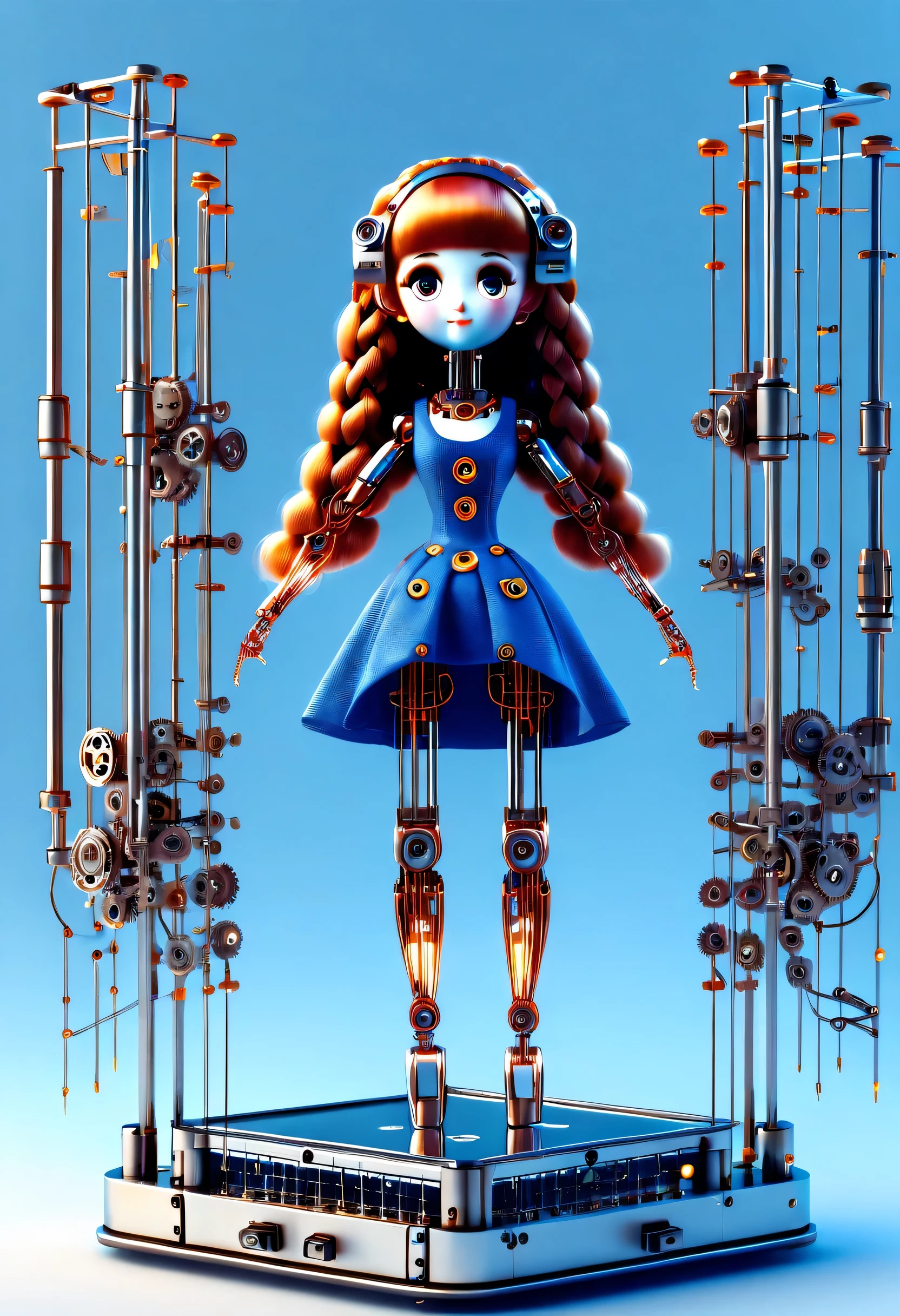 role conception, Mechanical doll design.
(whole body), (A mechanically constructed happy dancing doll stands on a glass music box), A thread pulls the finger, Slender precision machined wooden hands and feet, (Countless neatly arranged luminous titanium wires fall from the sky,Connected to fingers and slender legs: 1.3), (light trails surround the wooden rotating base of the glass music box), Cute and beautiful cartoon face, Extra long red double braided hair, blue and orange dress, Exquisite and simple mechanical body, clockwork, gear, Electronic equipment, machine, background: The future cyberpunk science fiction concert hall is beautiful and detailed. blue and orange skirt, Exquisite and simple mechanical body, clockwork, gear, Electronic equipment, machines, background: The future cyberpunk science fiction concert hall is exquisite and detailed.
8k, super detailed, actual, high resolution, Ray tracing.