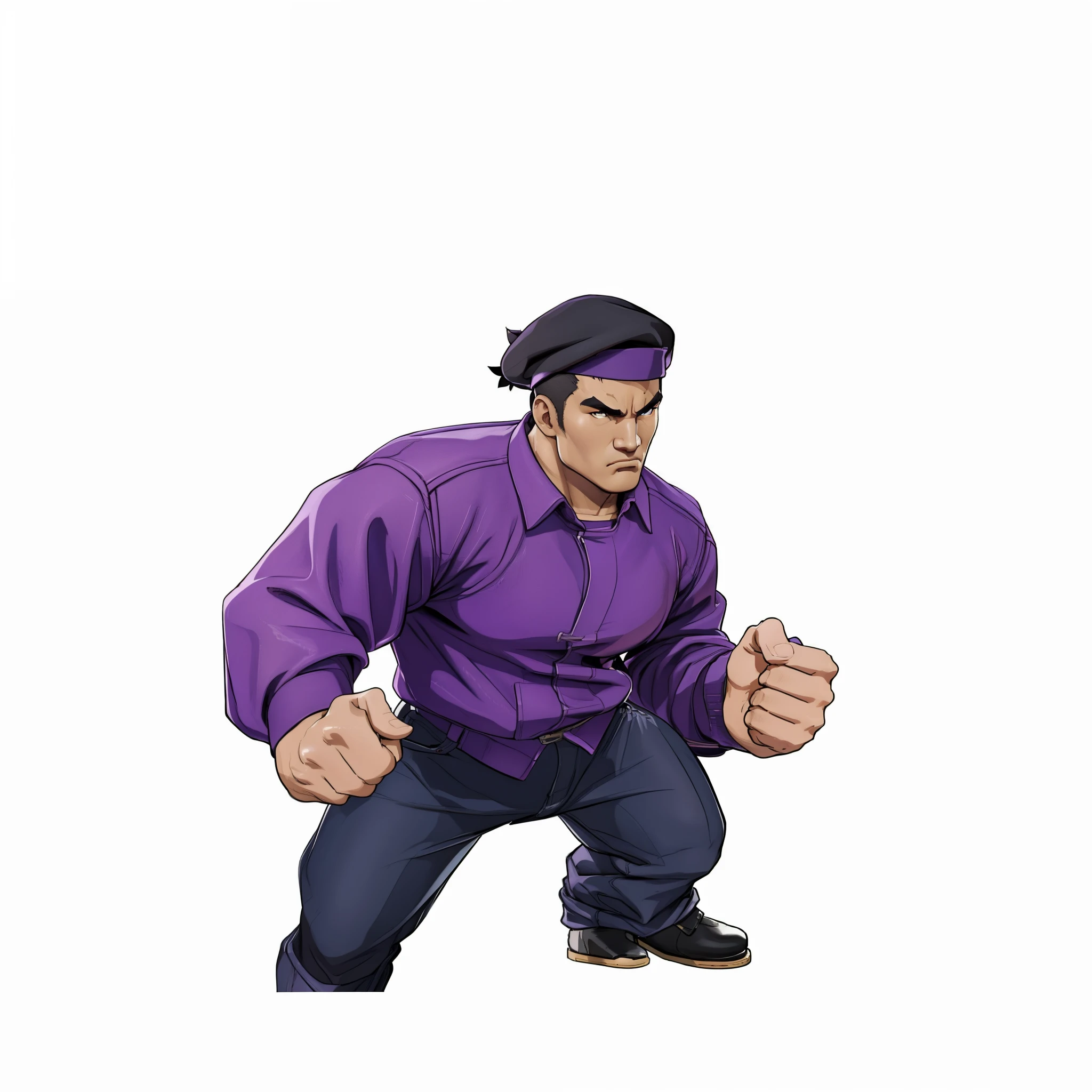 One is wearing a purple standard shirt and jeans、Cartoon of man with black beret holding fists, unrealistic character concept, muscular character, video game character concept, GTA Chinatown art style, realistic character concept, fighting game character, Combat stance, game character, in a Combat stance, Buff, fighting stance, concept character, videogame character, male role, adult characters, male role design