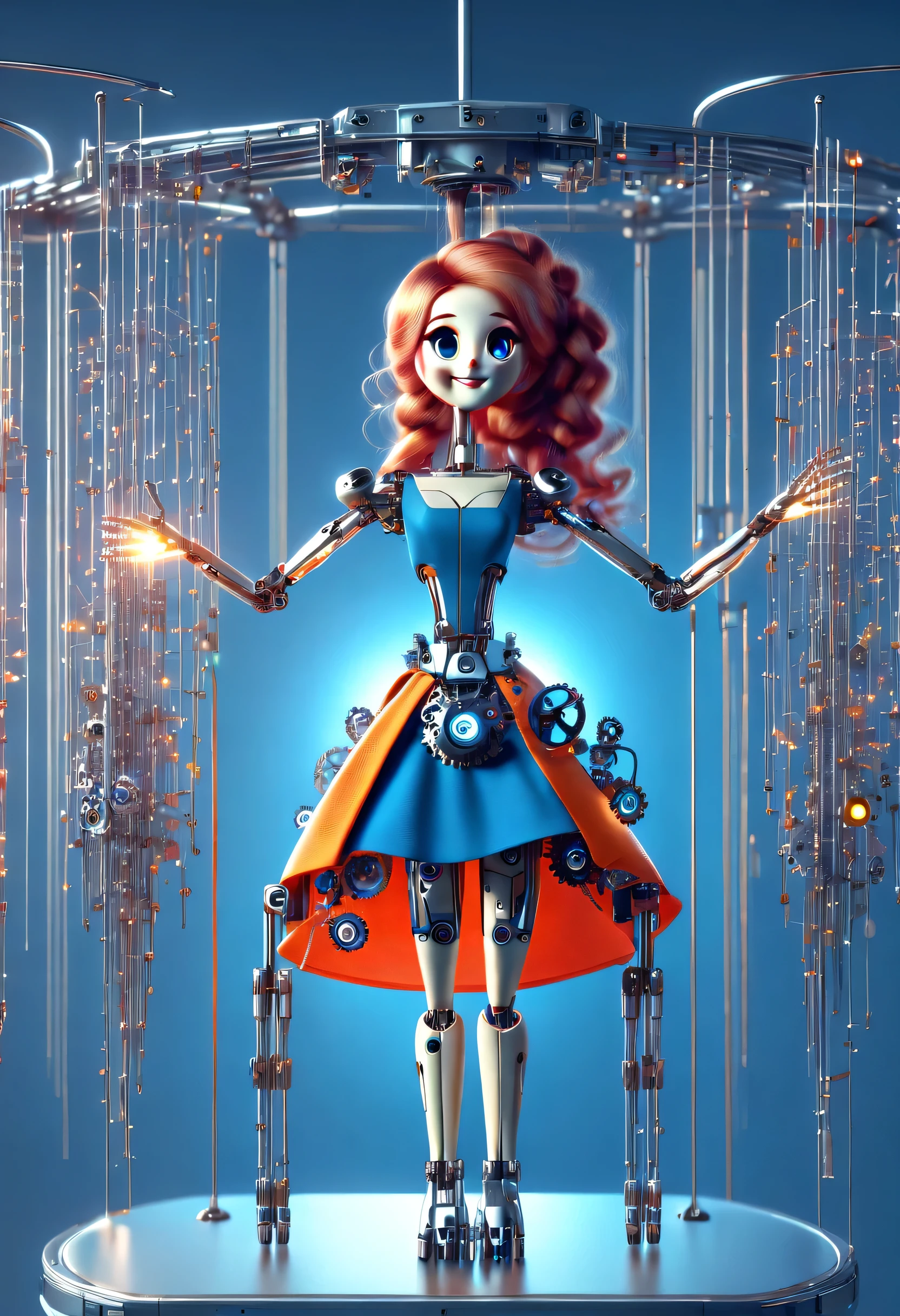 role conception, Mechanical doll design.
(whole body), (A mechanically constructed happy dancing doll stands on a glass octave box), A thread that pulls the finger, Slender precision machined wooden hands and feet, (Countless neatly arranged luminous titanium wires fall from the sky,Connected to fingers and slender legs: 1.3), (light trails surround the wooden rotating base of the glass octave box), Cute and beautiful cartoon face, Extra long red double braid, blue orange dress, Exquisite and simple mechanical body, Insert the octave box with the key, gear, Electronic equipment, machines, background: Future cyberpunk science fiction concert hall. blue and orange skirt, Exquisite and simple mechanical body, Octave box with key inserted, gear, Motorized device, machine, background:Future cyberpunk science fiction concert hallbeautiful detailed.
8k, super detailed, actual, high resolution, Ray tracing.