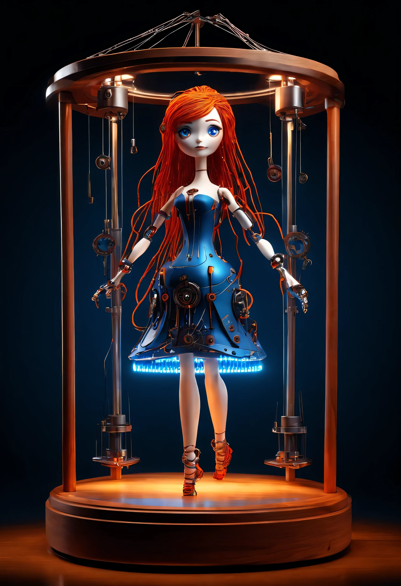 role conception, Mechanical doll design.
  (whole body), A mechanically constructed happy dancing doll stands on a glass octave box, A thread that pulls the finger, Slender precision machined wooden hands and feet, Many neatly arranged luminous titanium wires connect the fingers and slender legs: 1.3), light trails surround the wooden rotating base of the glass octave box, Cute beautiful cartoon face, Extra long red double braided hair, blue and orange skirt, Exquisite and simple mechanical body, Octave box with key inserted, gear, Motorized device, machine, background: The future cyberpunk science fiction concert hall is beautiful and detailed.
8k, super detailed, actual, high resolution, Ray tracing.
