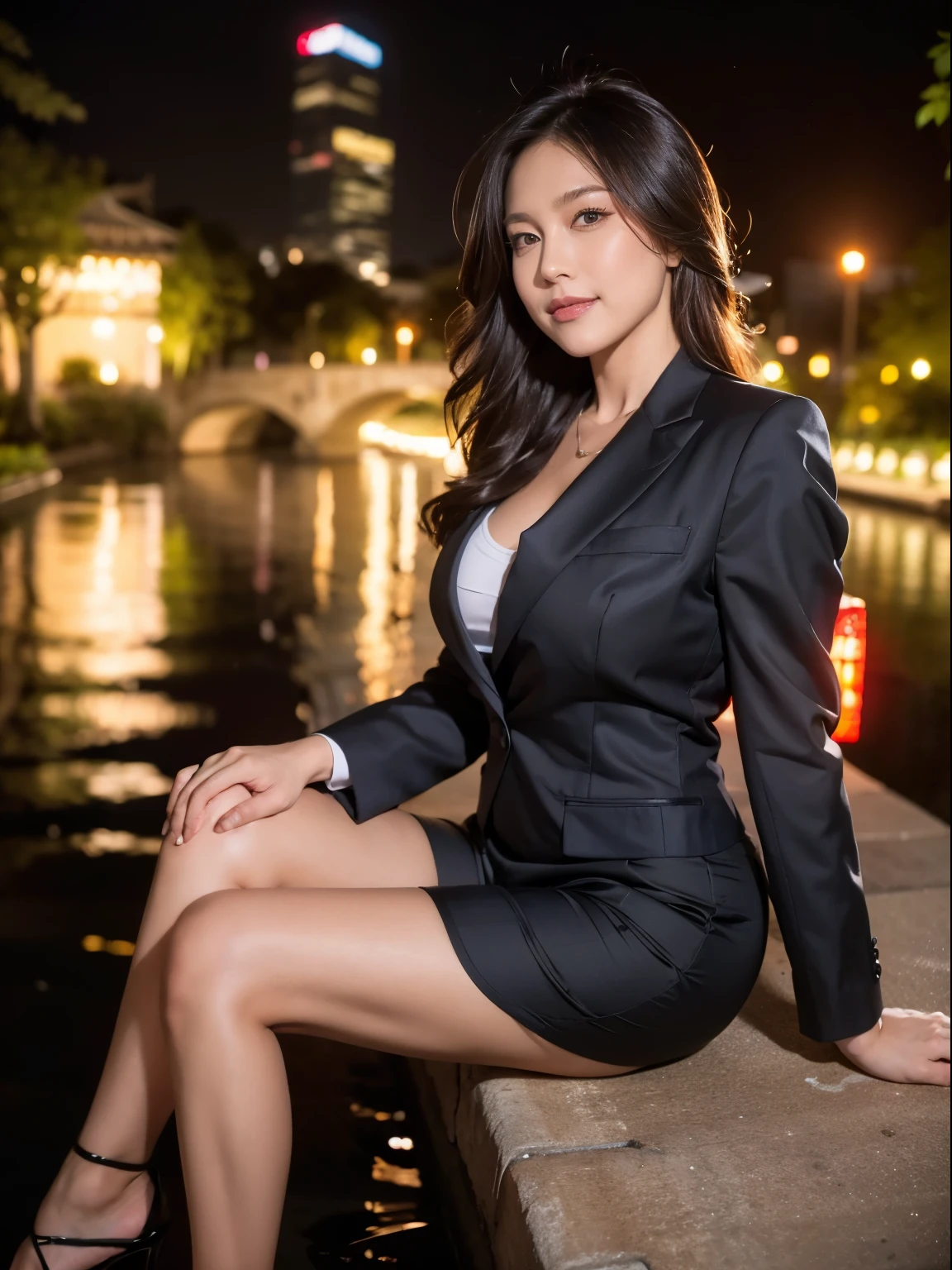 (RAW photo:1.2), (realistic:1.4),beautiful detailed woman,非常にdetailed eyesと顔, detailed eyes, super detailed,High resolution, very detailed,best quality,enlightenment,unified,8k wallpaper,master piece,best quality,1 woman,alone,rich,full body esbian,A little chubby body type,Toned figure,There&#39;s meat on the legs,slim waist,alone,business suit,気質business suit,high heels,jewelry necklace,coiled hair,gentle smile,dignified atmosphere,black eye,Realistic,Suzhou Garden , (Night garden:1.1)