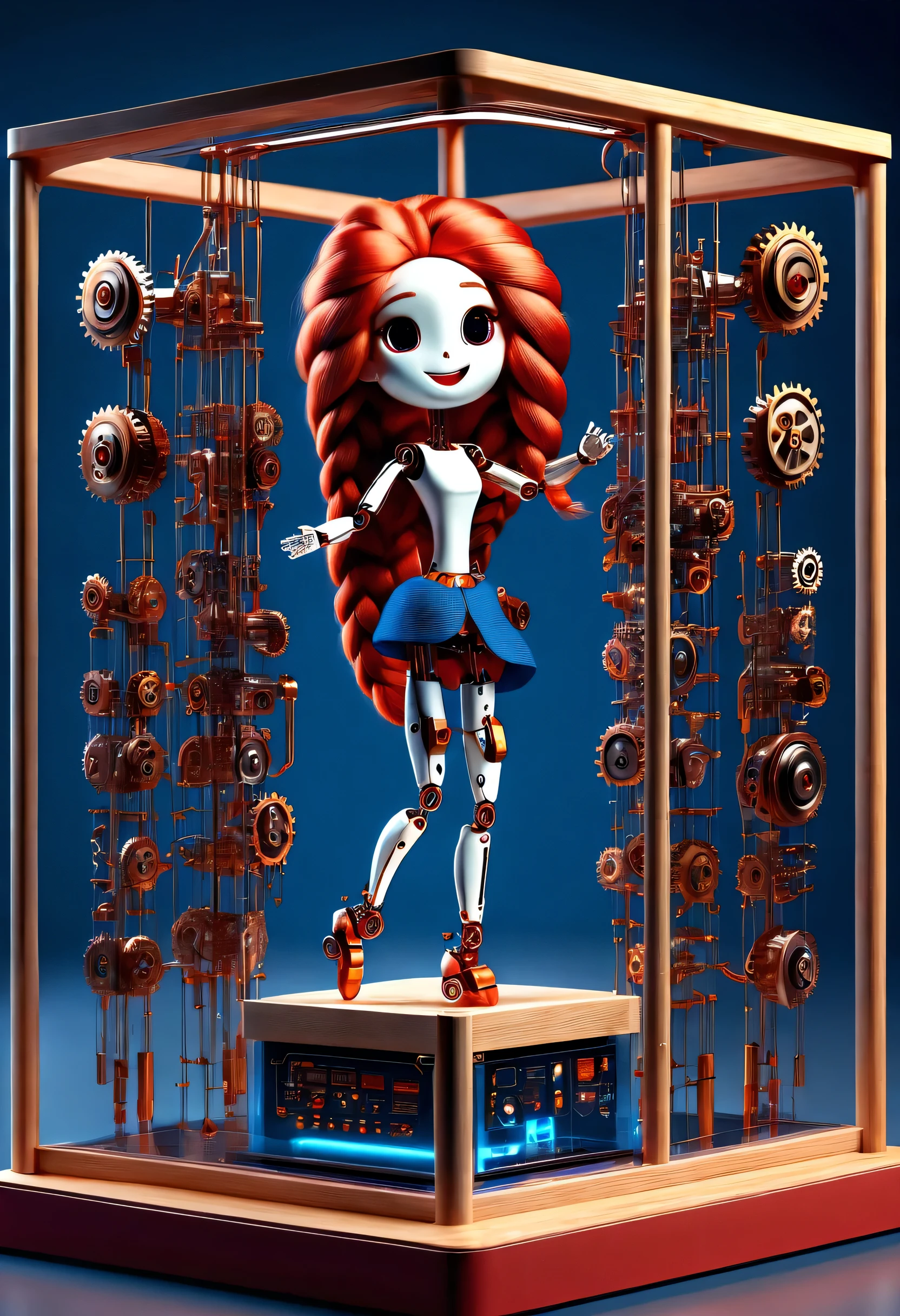 role conception, Mechanical doll design.
(whole body), A mechanically constructed happy dancing doll stands on a glass octave box, A thread that pulls the finger, Slender precision machined wooden hands and feet, Many neatly arranged luminous titanium wires connect the fingers and slender legs: 1.3), light trails surround the wooden rotating base of the glass octave box, Cute beautiful cartoon face, Extra long red double braided hair, blue and orange skirt, Exquisite and simple mechanical body, Octave box with key inserted, gear, Motorized device, machine, background: The future cyberpunk science fiction concert hall is beautiful and detailed.
8k, super detailed, actual, high resolution, Ray tracing.