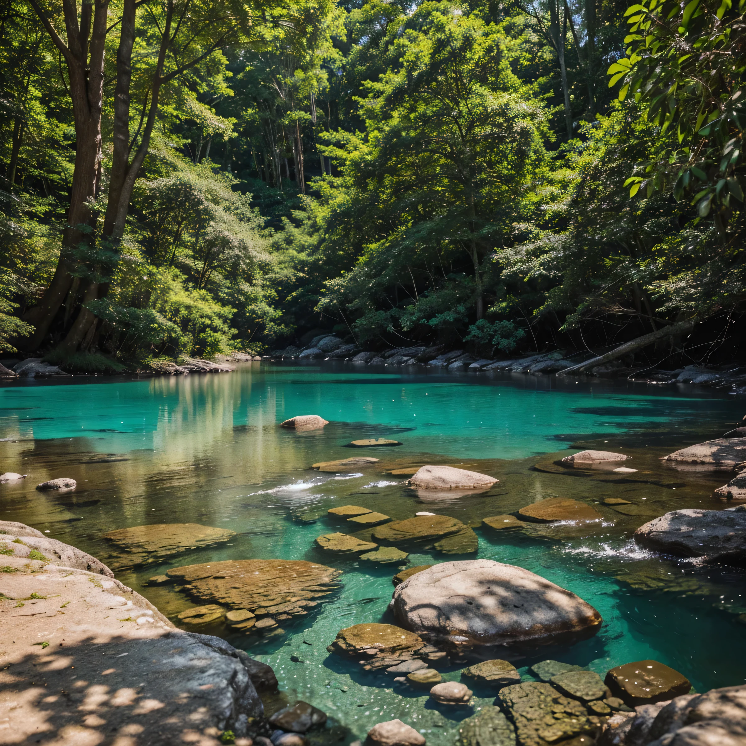 An ultra-realistic depiction of a natural landscape, capturing the exquisite details and vibrant colors of the natural world. The scene includes crystal-clear waters reflecting the sky, lush greenery, and a variety of textures from smooth pebbles to rugged bark. The lighting is natural and dynamic, highlighting the depth and richness of the environment. Wildlife, such as birds or small animals, might be visible, adding life and authenticity to the scene. The composition is balanced and compelling, drawing the viewer's eye across the scene, inviting them to explore every detail. The overall effect is so lifelike that the image is indistinguishable from a high-quality nature photograph. --shot on Fujifilm, Fujicolor C200, depth of field emphasized --ar 16:9 --style raw