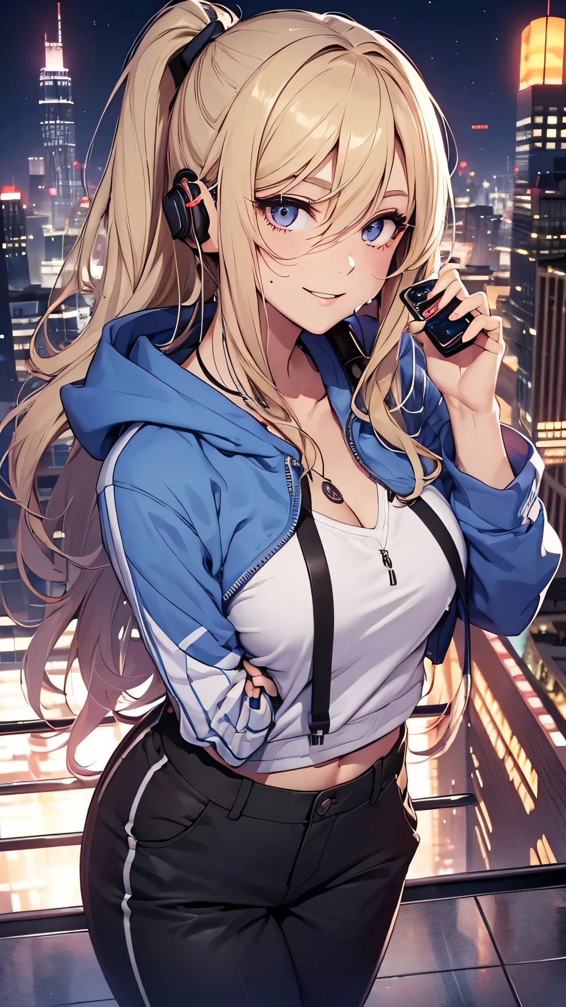 最high quality、best image quality、masterpiece、girl((20-year-old、 By becoming、vest bust、medium bust,wide open breast tea、shining eyes, blonde、long hair、thin,highest valley、ponytail、action of looking up、Black and purple hoodie with a wide open chest、short belly sports pants、cool pose、holding a black smartphone、sweating、smile、forward leaning movement、earphone、Get closer)),high quality、beautiful art、background((Rooftop with great atmosphere at night、beautiful illumination))、Flight、debris flies、Depth of written boundary、movie、visual art、perfect art、8k,genuine、