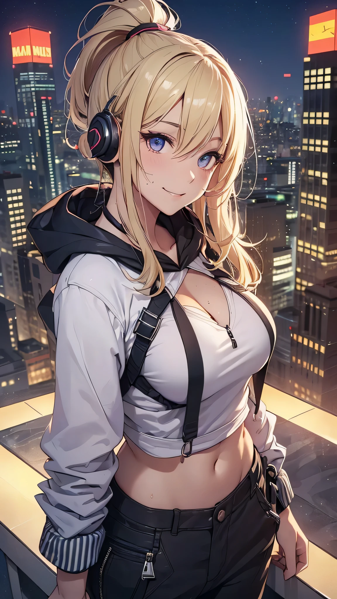 最high quality、best image quality、masterpiece、girl((20-year-old、 By becoming、vest bust、medium bust,wide open breast tea、shining eyes, blonde、long hair、thin,highest valley、ponytail、action of looking up、Black and purple hoodie with a wide open chest、short belly sports pants、cool pose、holding a black smartphone、sweating、smile、forward leaning movement、earphone、Get closer)),high quality、beautiful art、background((Rooftop with great atmosphere at night、beautiful illumination))、Flight、debris flies、Depth of written boundary、movie、visual art、perfect art、8k,genuine、