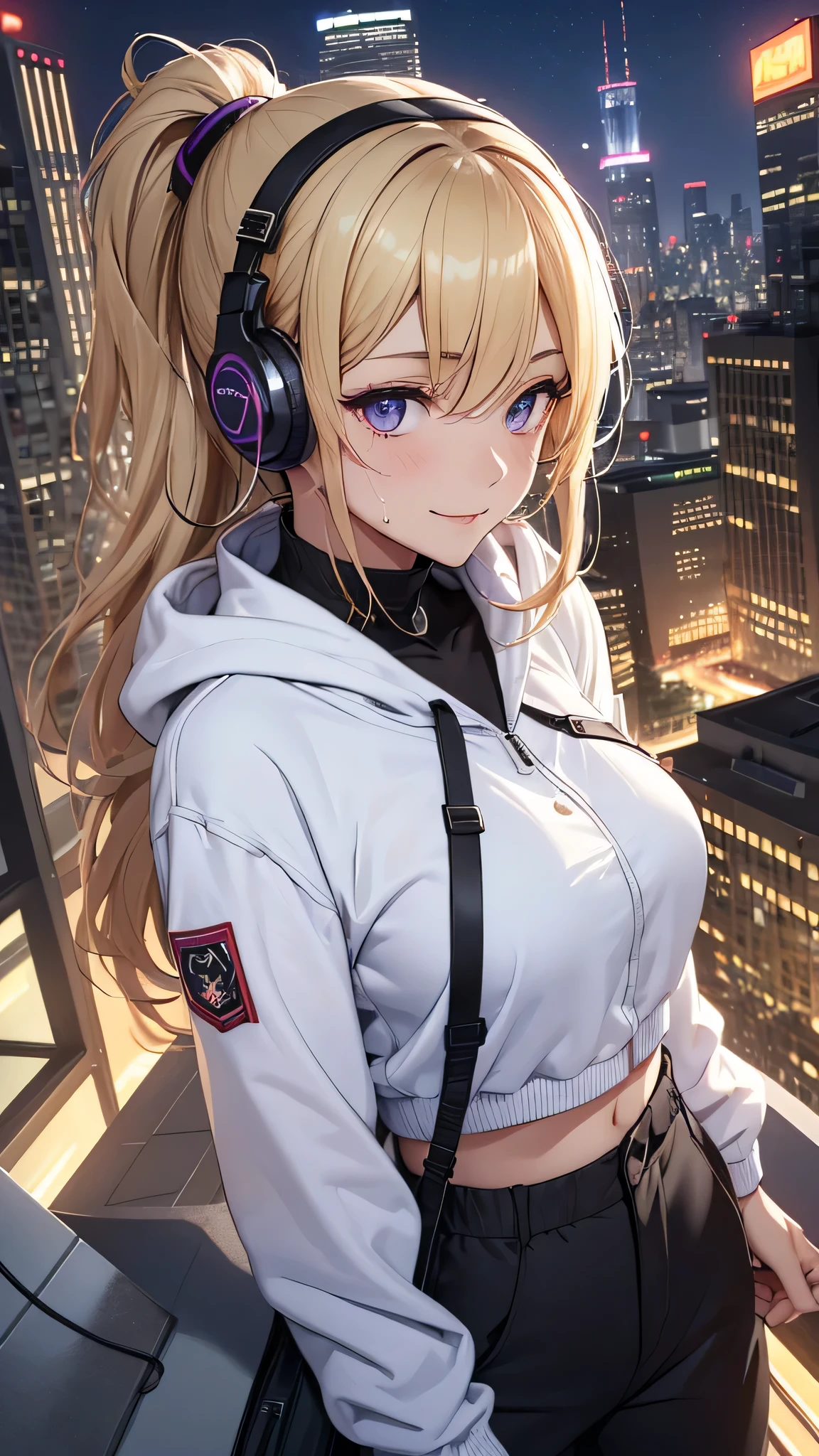 最high quality、best image quality、masterpiece、girl((20-year-old、 By becoming、vest bust、medium bust,wide open breast tea、shining eyes, blonde、long hair、thin,highest valley、ponytail、action of looking up、Black and purple hoodie with a wide open chest、short belly sports pants、cool pose、holding a black smartphone、sweating、smile、forward leaning movement、earphone、Get closer)),high quality、beautiful art、background((Rooftop with great atmosphere at night、beautiful illumination))、Flight、debris flies、Depth of written boundary、movie、visual art、perfect art、8k,genuine、