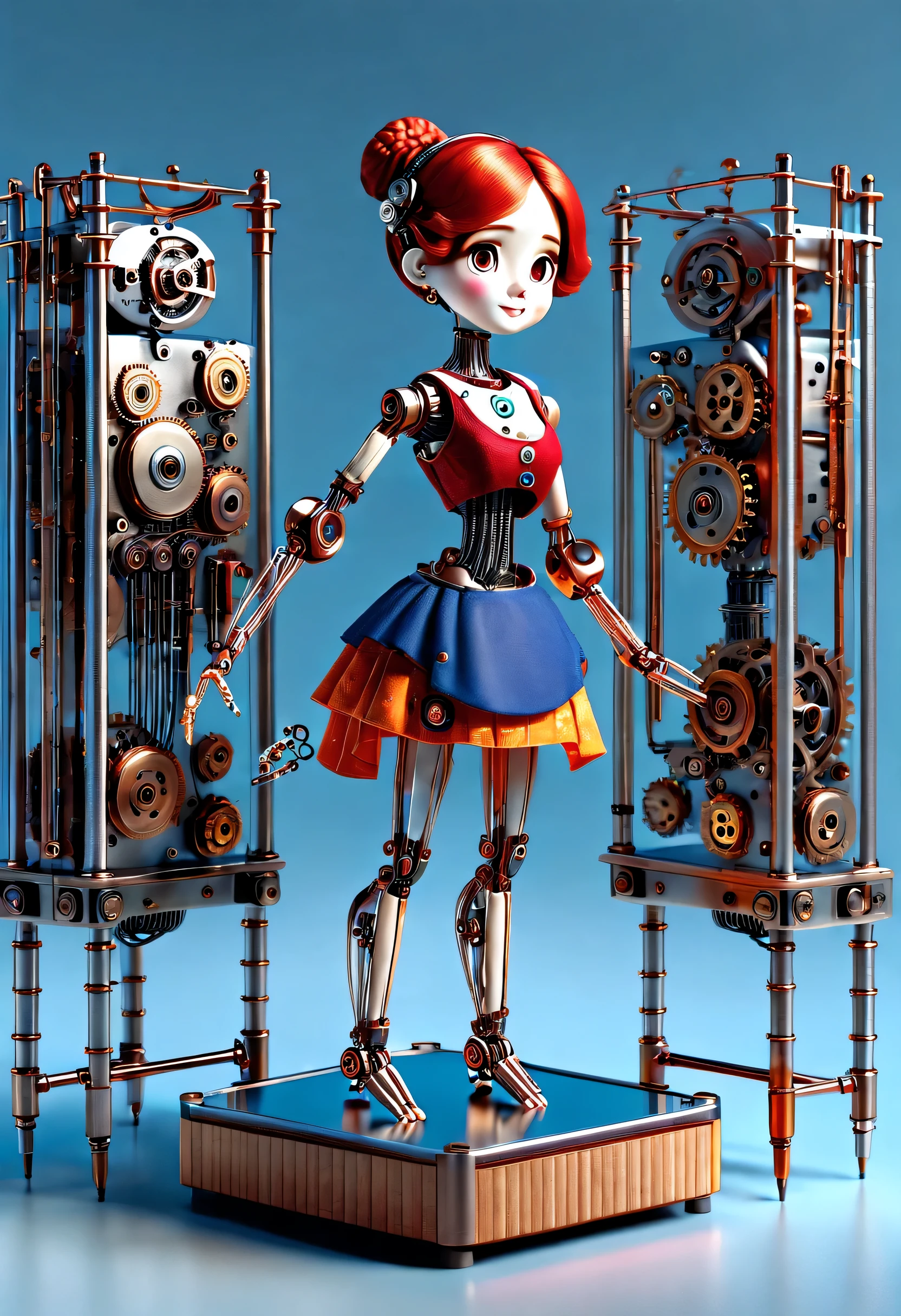 role conception, Mechanical doll design.
(whole body), A mechanically constructed happy dancing doll stands on a glass octave box, A thread pulls the finger, Slender precision machined wooden hands and feet, Neatly arranged luminous titanium wires connect the doll’s fingers and slender legs: 1.3), Light-traced glass octave box with wooden swivel base, Cute and beautiful cartoon face, Extra long red double braid, blue and orange skirt, Exquisite and simple mechanical body, Octave box with key inserted, gear, Motorized mechanism, machine, Future cyberpunk science fiction, Beautiful and meticulous.
8k, super detailed, actual, high resolution, Ray tracing.