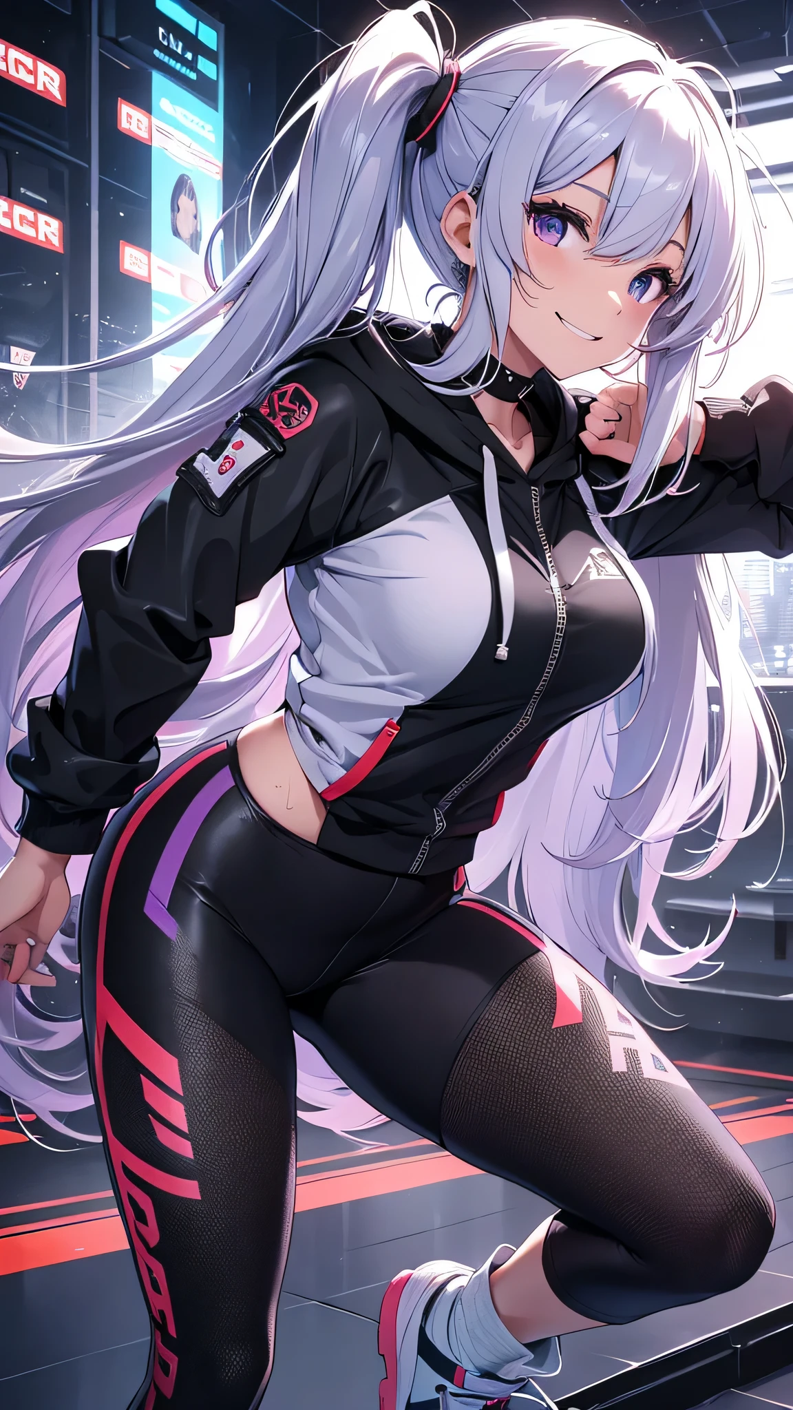 ((Best Quality)), (Ultra-detailed), ((Extremely detailed)), (Beautiful), ((Kawaii Girl))、Hair is white、Longhaire、Quirk hair、Blue eyes、Girl with horse ears and tail、tall、Breasts are big、Purple and white running wear、Lavender colored black running shoes、Red under-rim glasses、One Girl Standing On A Truck、animesque、Uma Musume