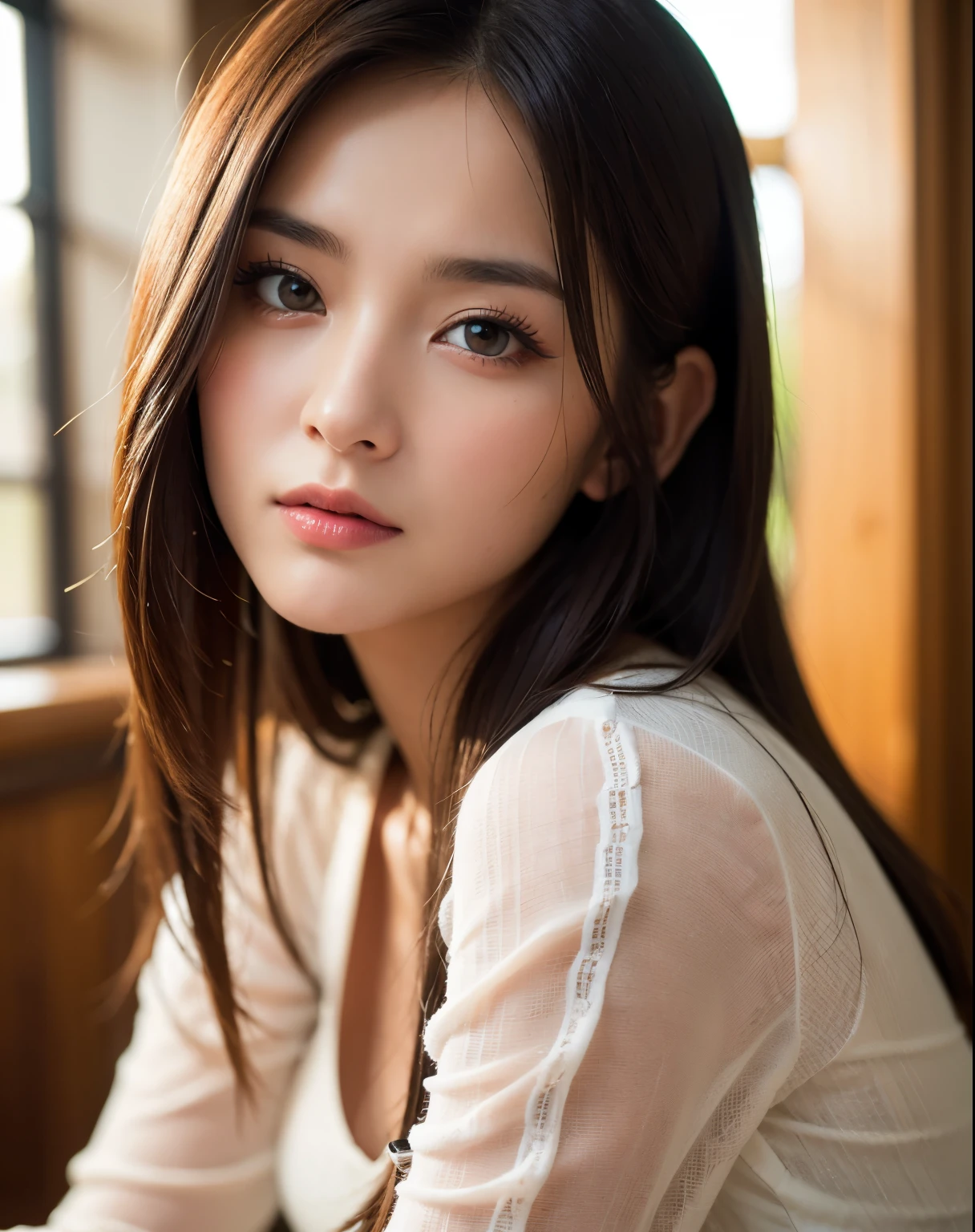 best quality, face focus, soft light, ultra high res, (photorealistic:1.4), RAW photo,
1japanese girl, solo, cute, (pupil, lights in the eyes), detailed beautiful face, (),(high resolution detail of human skin texture),
(long hair),
indoor,
Damask Shirt Dress,
(portrait)