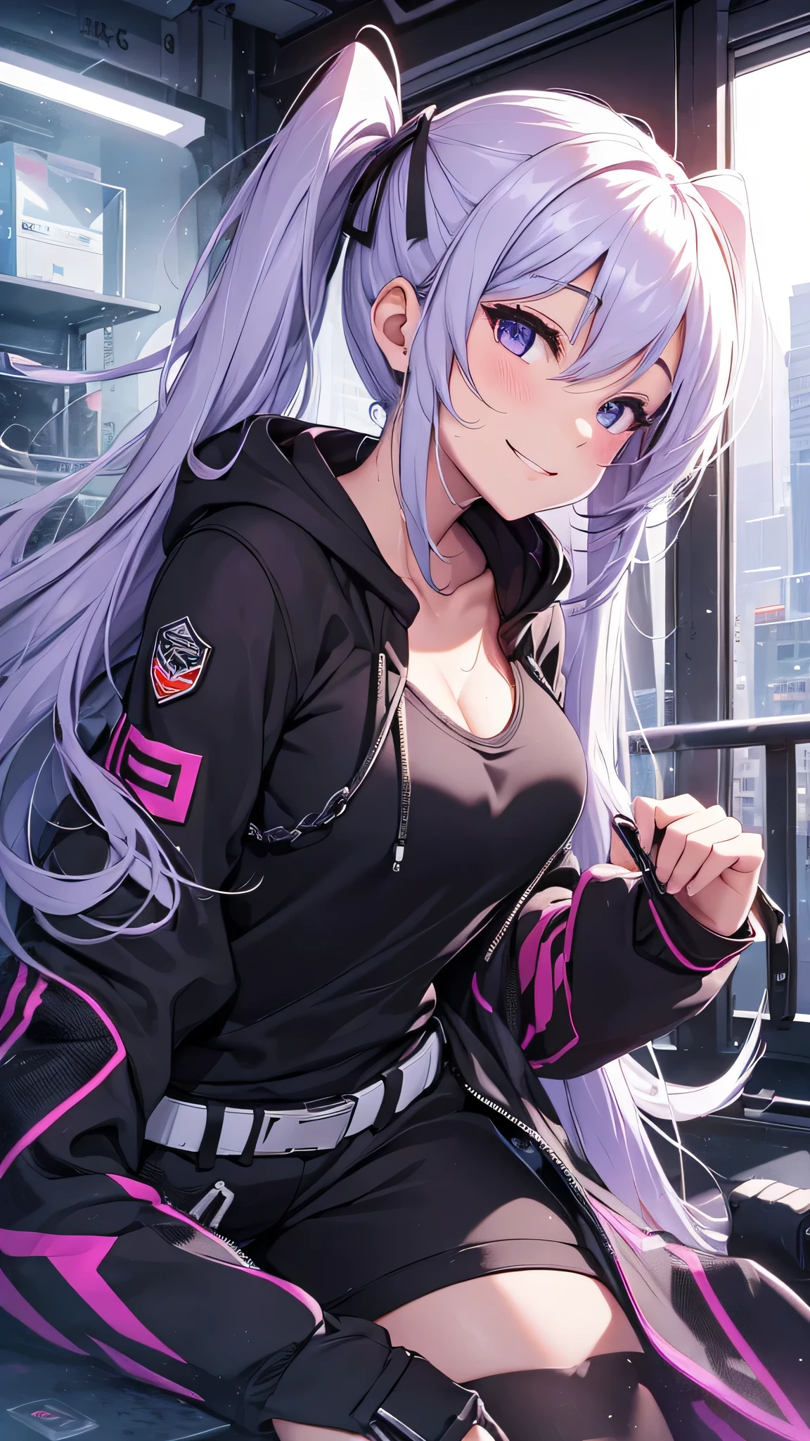 最high quality、best image quality、masterpiece、girl((20-year-old、 By becoming、vest bust、medium bust,wide open breast tea、shining eyes, silver hair、long hair、thin,highest valley、twin tails、action of looking up、right arm bandage、Black and purple hoodie with a wide open chest、short belly sports pants、cool pose、holding a black smartphone、sweating、smile、forward leaning movement)),high quality、beautiful art、background((cyber sports gym))、Flight、debris flies、Depth of written boundary、movie、visual art、perfect art、8k,genuine、