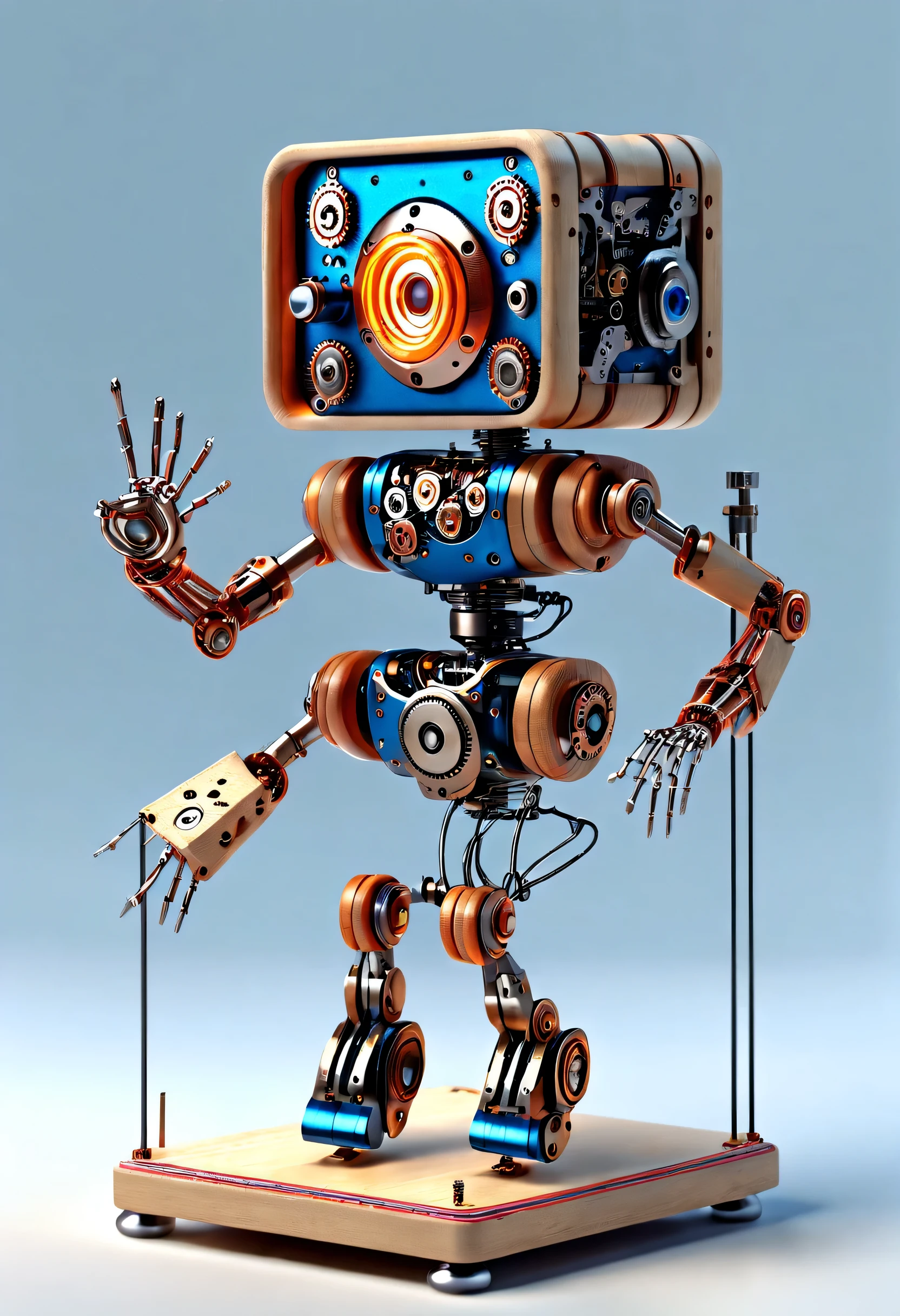 role conception, Mechanical doll design.
(whole body), (Mechanically constructed happy dancing doll speaker), A thread pulls the finger, Slender precision machined wooden hands and feet, Neatly arranged titanium wires connect the doll’s fingers and slender legs: 1.3), Light tracing, glass music box, wooden swivel base, Cute and beautiful cartoon face, Extra long red double braided hair, blue and orange skirt, Exquisite and simple mechanical body, Insert the octave box with the key, gear, Motorized device, machine, Future cyberpunk science fiction, Exquisite and detailed.
8k, super detailed, actual, high resolution, Ray tracing.