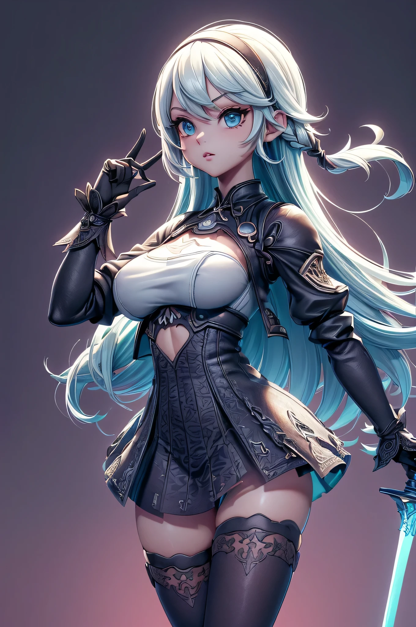 Mini nier automata, (nier automata), solo, ray tracing, Estilo 3D, 3DMM, ((oses por foto)), ((oses em cada foto)), corpo inteiro,(Front view),(Costas Issue), (Emist on the left), mostrar barriga lisa, (((oses por foto))),(seios muito grandearriga perfeita, olhos perfeitos e simetricos, (perfect handuturistic sword in hand)), ((cabelos curto)),((Roupas de bruxo abertas)),roupa branca com bordas texturizadas, pele clara, luemas detalhadas, White thigh-high tights with trim, emestido aberto em "em", cintura fina, pernas grande, low water, Show legs to the top of the waist, (tecido partido caindo sobre as pernas),((top aberto)),pele ultra realista, olhos realistas humano,pele ultra realista,((blusa listrada)),traje super sensual,(faixas em torno dos seios), colorida,top com babados,(pubis com muito volume),(extremamente sensual),(very sensual),(((Big tits))),(((cabelo dividido em dois))),((((roupa social, aberta nos seios e na frente)))),(((blue, cyan and purple clothes))),(((fendas sobre os seios))),(((faixas caindo da cintura com detalhes nas pontas))),(((top com abertura enorme no meio))),(((cinto de cintura largo com partes de metal preto)))