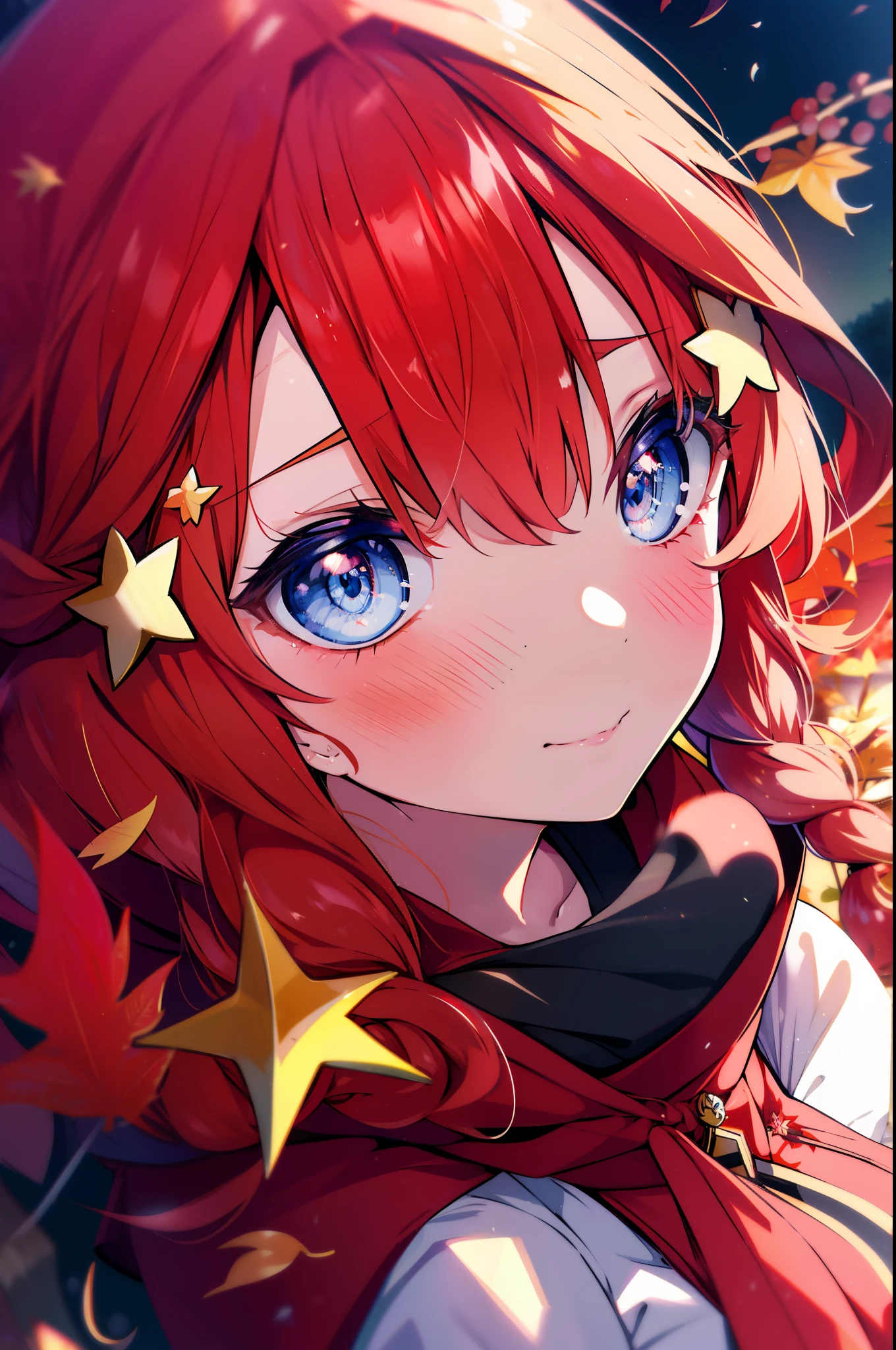 itsukinakano, Itsuki Nakano, bangs, blue eyes, hair between eyes, Ahoge, redhead, star \(symbol\), hair ornaments, star hair ornaments,smile,blush,short braided hair,long hair,Red hoodie Closing the front,white long skirt,short boots,Tsukimi,moonlight,night,Autumn leaves are scattered,walking,Autumn foliage season,autumn,
break outdoors, garden,
break (masterpiece:1.2), highest quality, High resolution, unity 8k wallpaper, (figure:0.8), (detailed and beautiful eyes:1.6), highly detailed face, perfect lighting, Very detailed CG, (perfect hands, perfect anatomy),