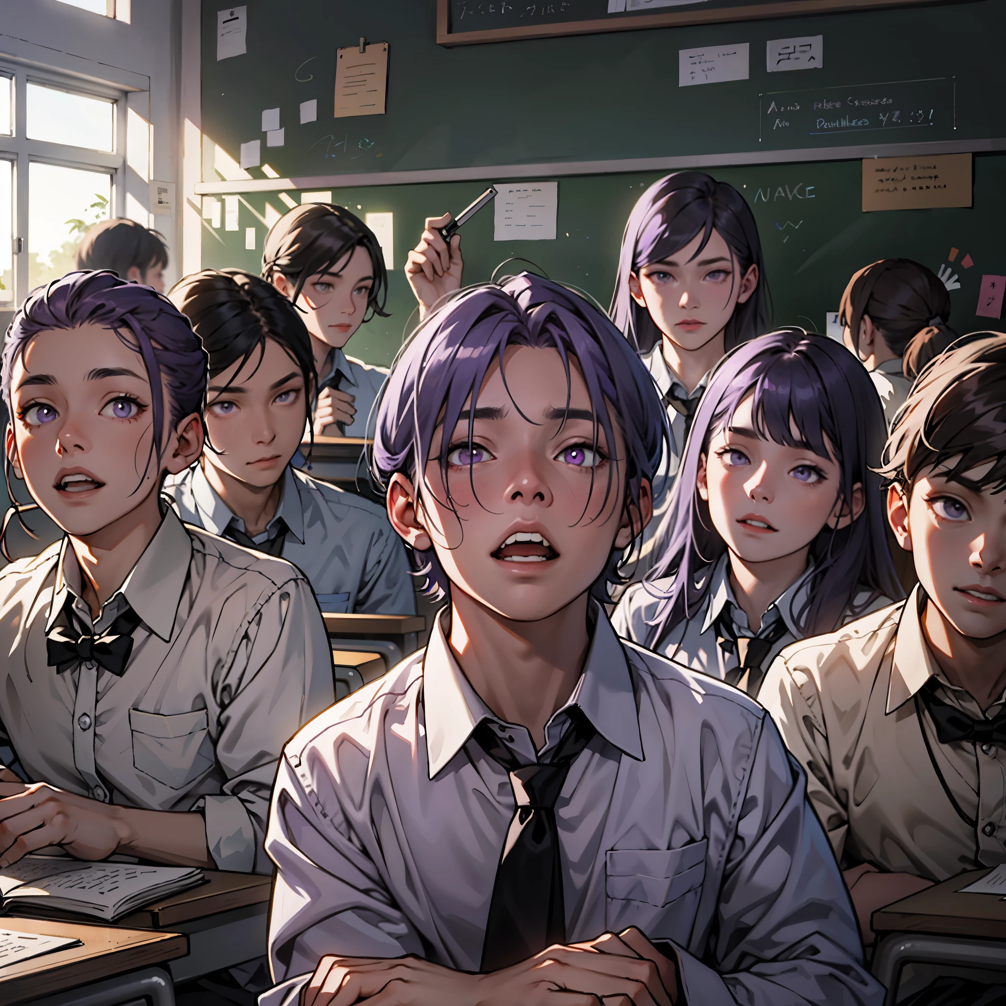 Ridiculous resolution,high resolution master piece:1.4),ultra-detalles,en el aula,Many classmates with purple hair and purple eyes were sitting,expresiones emocionadas