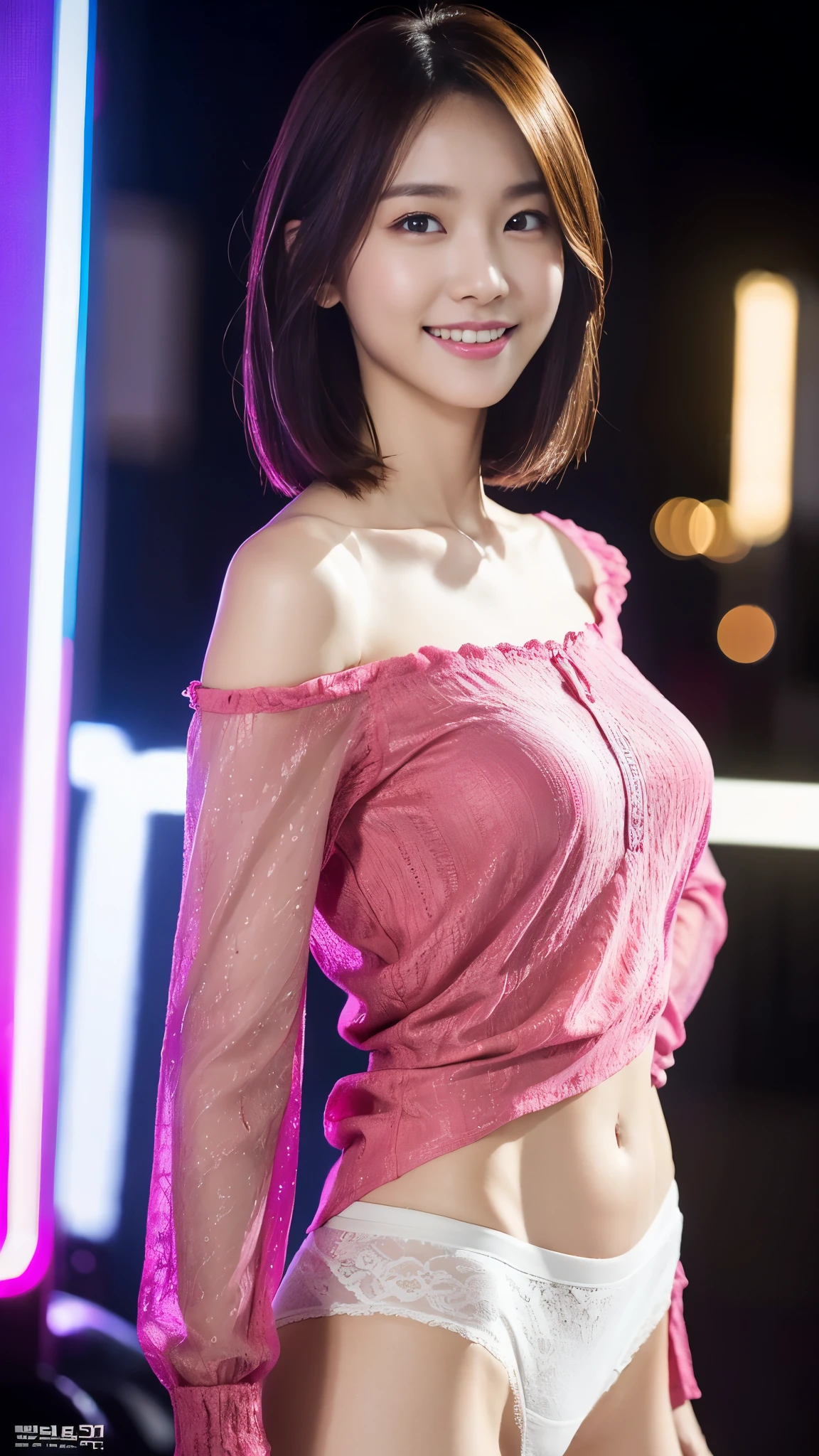8K, masterpiece, RAW photo, highest quality, realistic, extremely detailed CG unity 8K wallpaper, Depth of the bounds written, cinematic light, Lens flare, ray tracing, (very beautiful face, beautiful lips, beautiful eyes), face with intricate details, ((super dense skin)) 1 girl, in the dark, deep shadow, cute korean girl, K-POPアイドル, 1 girl, (very slim slender fit-muscled body:1.3), ((looking at the viewer)),(大きなsmile:1.3), (tight lace blouse), (hot pink color blouse), (No sleeve) , (fashion city night, dark night, (neon sign), (blurred background), fashion street night),(with no people in the background:1.3), bracelet, necklace, clear eyes, (white skin), (Big eyes), look forward, ((upper body shot)), ((White panties)),(brown hair), (looking at the viewer:1.3) open chest, very slim, , backtracking, buckshot,smile , short cut hairstyle,from side