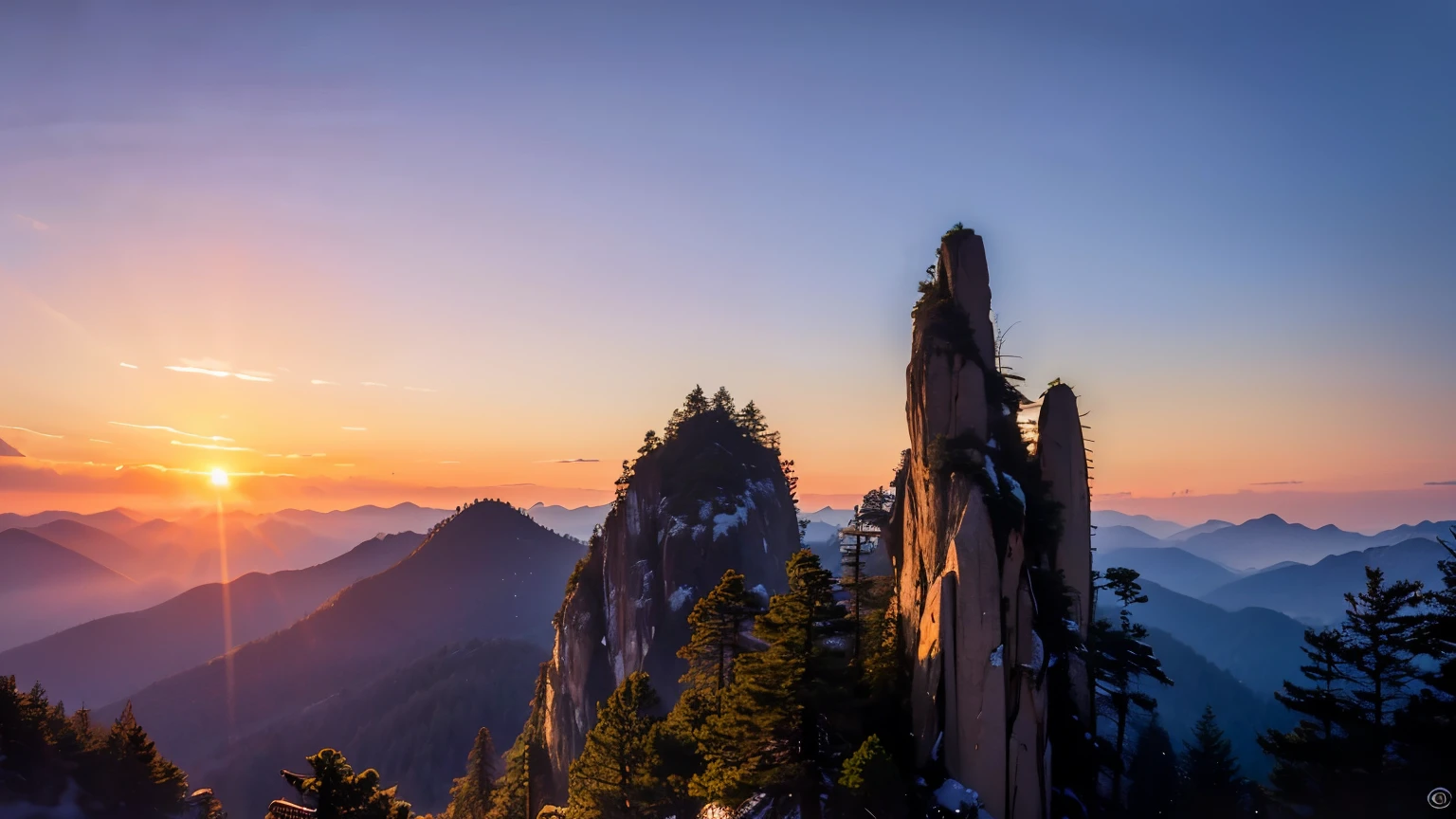((best quality)), ((masterpiece)), (detailed), huangshantiandu peak snow scene,sunrise,morning glow,huangshan