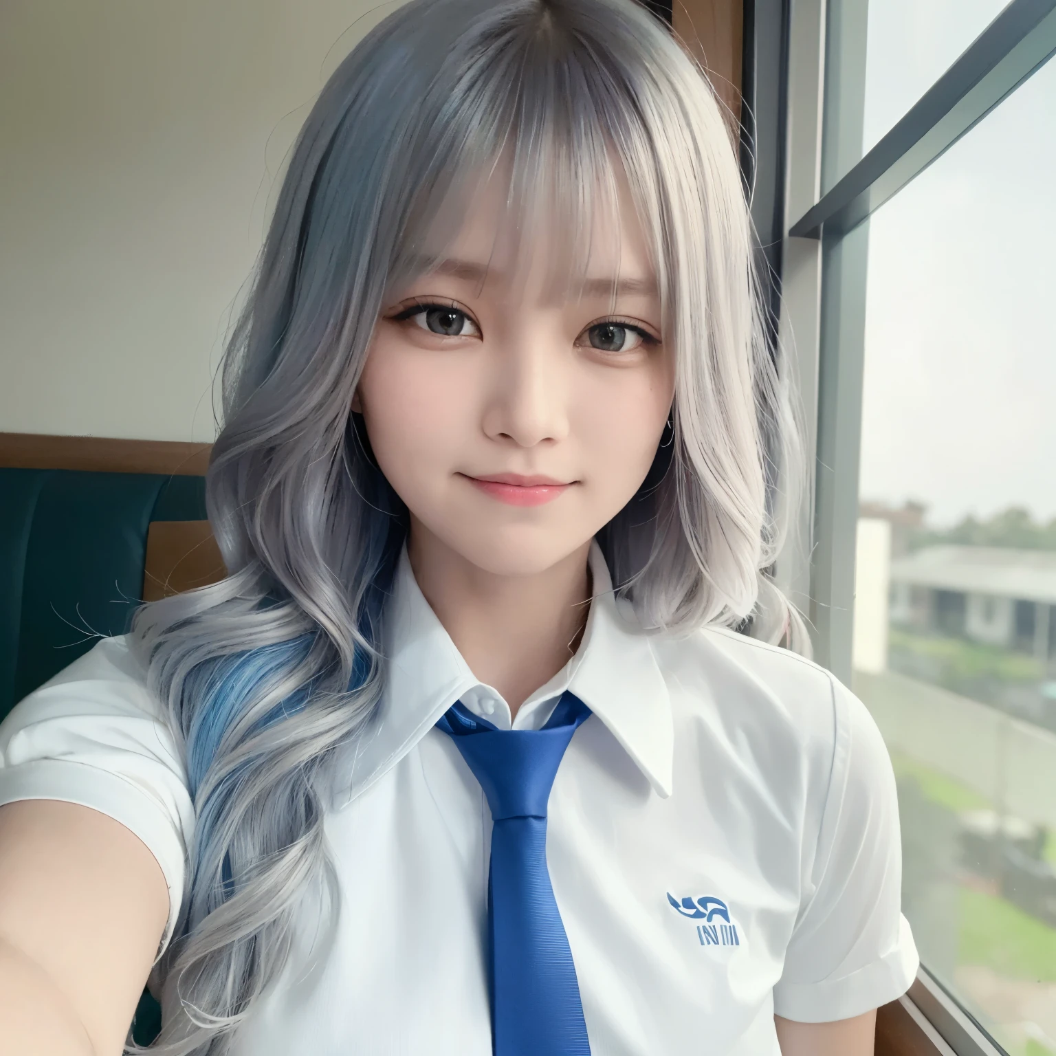 best quality, ultra high res, (photorealistic1.4), 1girl, (white shirt), (light blue necktie), (blue wavy long hair:1.3), bangs, red eyes, smile, ((puffy eyes)), ((upper body)), (((looking at viewer))), ((closeup)), wearing indonesian high school uniform, indo highschool uniform,