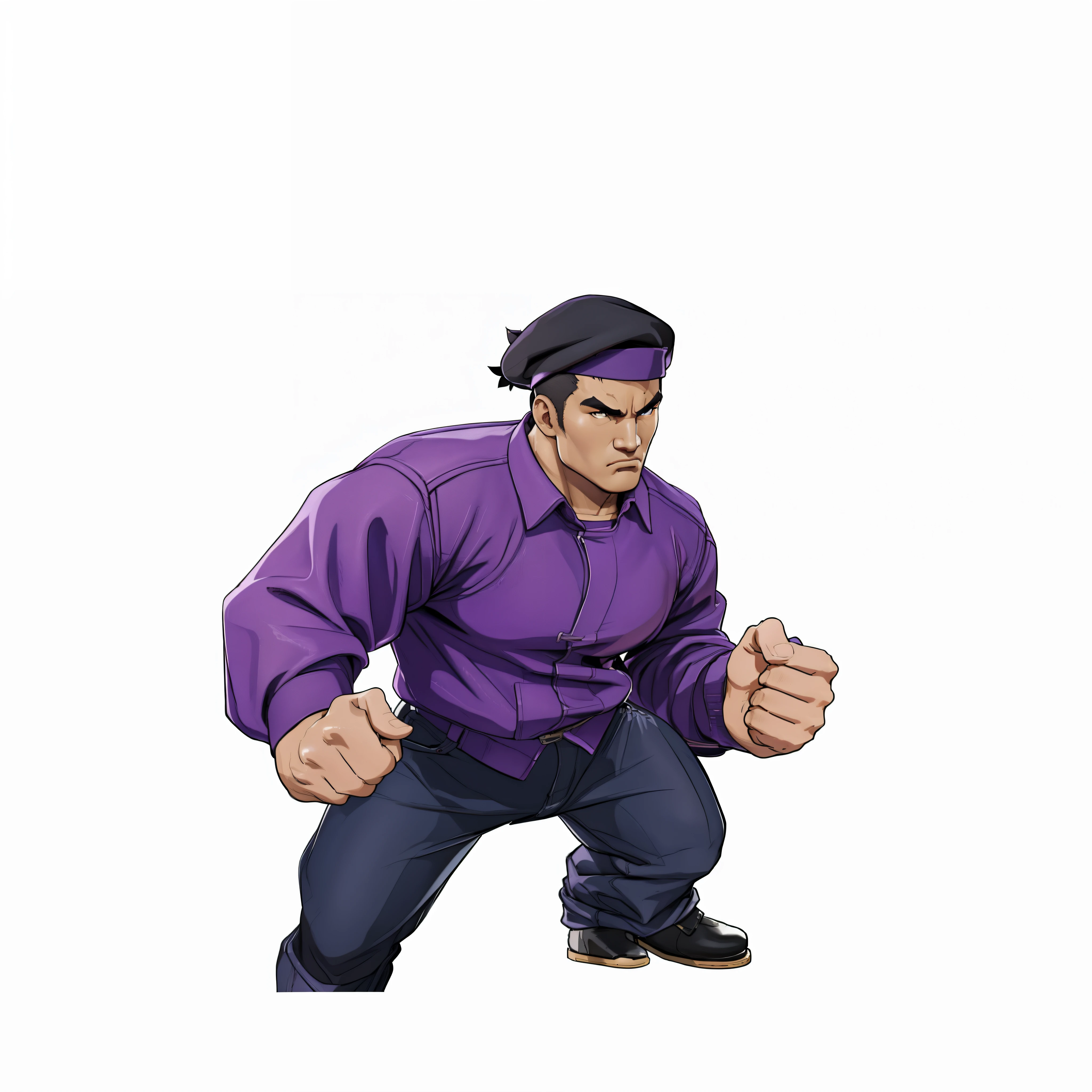 One of them is wearing a purple standard shirt and jeans、Cartoon of man in black beret holding fist, unrealistic character concept, muscular character, video game character concept, GTA Chinatown art style, realistic character concept, fighting game character, fighting stance, game character, in a fighting stance, light yellow, Combat stance, concept character, videogame character, male role, adult characters, male role design