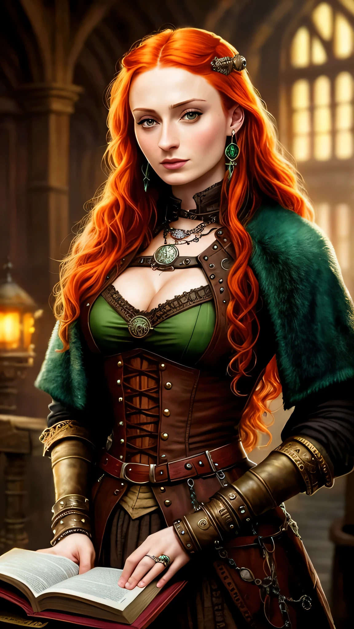 steampunkai, ((Sophie Turner)) as Sansa Stark, steampunk ginger locks, steampunk intricate green dress, cleavage, earrings, ring, reading a steampunk book, in the steampunk library, 1woman, solo, beautiful detailed glow, detailed, cinematic light, intricate detail, realistic, highres, detailed facial features, high detail, sharp focus, smooth, aesthetic, extremely detailed, stamp, octane render