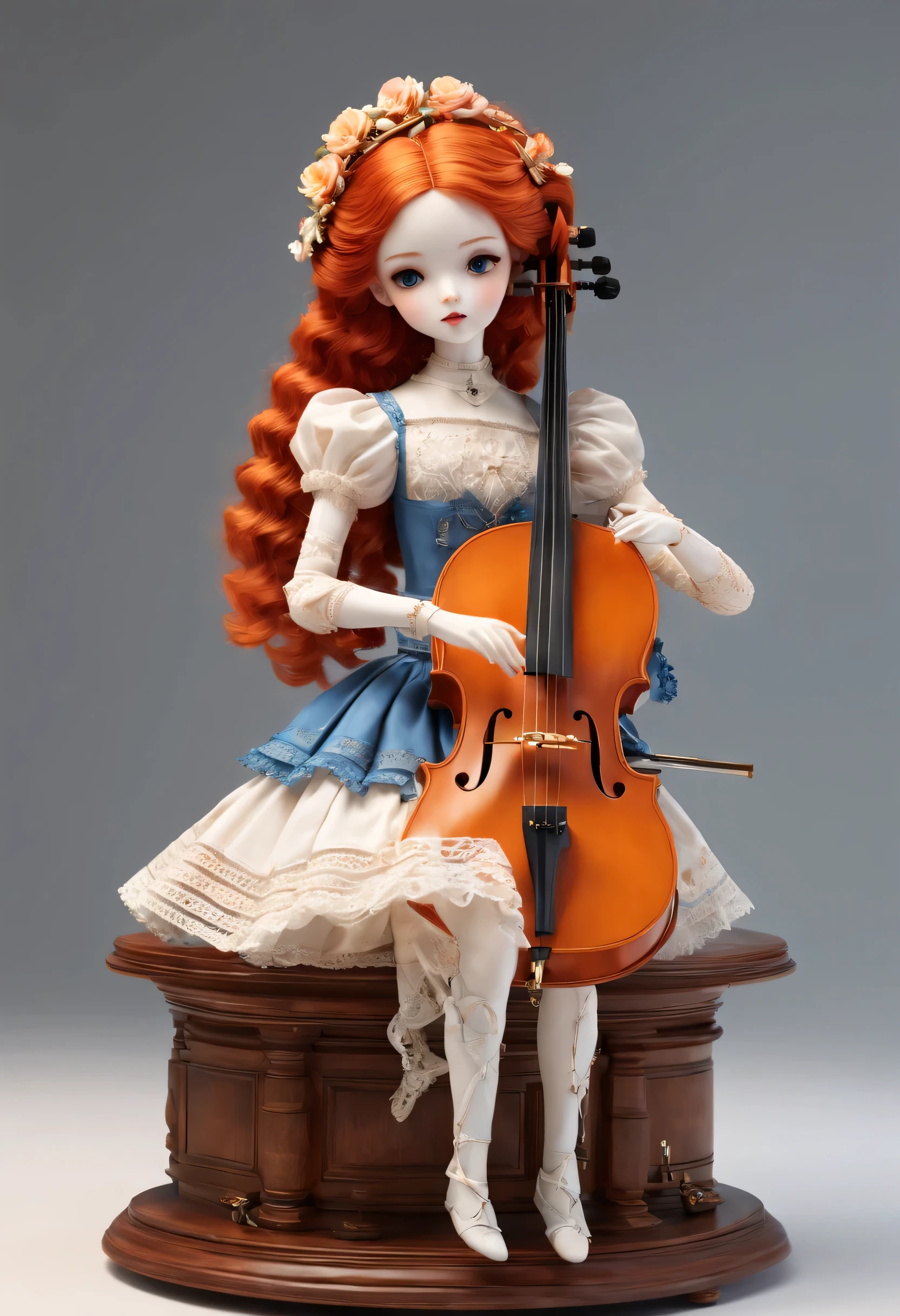 Mechanical dolls，music box，Marble sculpture style, role conception, (whole body), (一个拉大提琴的Mechanical dolls), Beautiful and meticulous, Mechanical wires hanging from the top connect the doll&#39;s fingers to the bow, Gear line connecting slender legs, (The log library of this mechanism), The key spring is inserted into the back of the doll, cute and beautiful face, Extra long red double braid, blue and orange skirt, Slender mechanical wooden arms and legs, 8k, super detailed, actual, high resolution, Ray tracing,background：Lots and lots of titanium wire