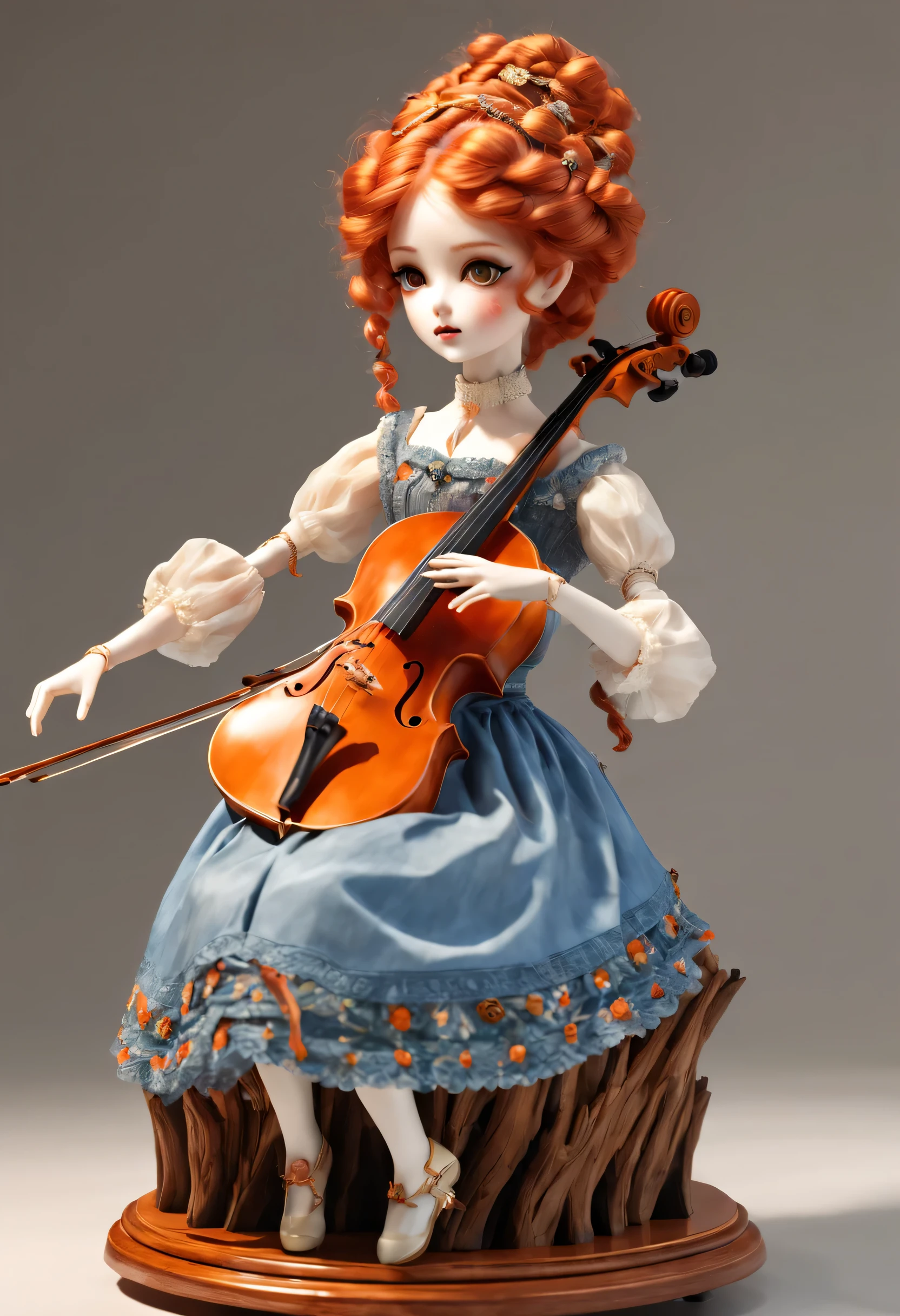 Mechanical dolls，music box，Marble sculpture style, role conception, (whole body), (一个拉大提琴的Mechanical dolls), Beautiful and meticulous, Mechanical wires hanging from the top connect the doll&#39;s fingers to the bow, Gear line connecting slender legs, (The log library of this mechanism), The key spring is inserted into the back of the doll, cute and beautiful face, Extra long red double braid, blue and orange skirt, Slender mechanical wooden arms and legs, 8k, super detailed, actual, high resolution, Ray tracing,background：Lots and lots of titanium wire