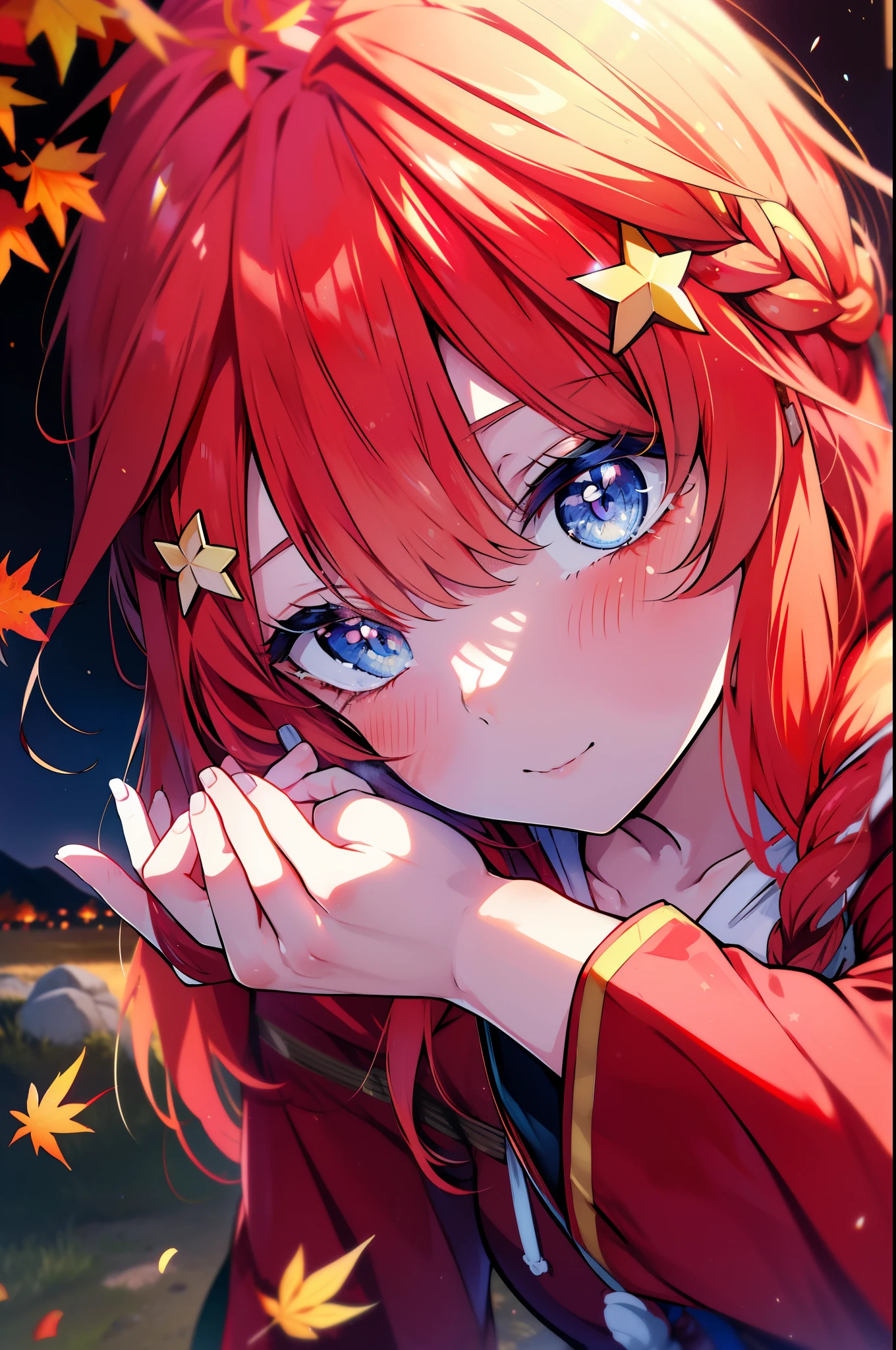 itsukinakano, Itsuki Nakano, bangs, blue eyes, hair between eyes, Ahoge, redhead, star \(symbol\), hair ornaments, star hair ornaments,smile,blush,short braided hair,long hair,Red hoodie Closing the front,white long skirt,short boots,Tsukimi,moonlight,night,Autumn leaves are scattered,walking,Autumn foliage season,autumn,whole body,
break outdoors, garden,
break (masterpiece:1.2), highest quality, High resolution, unity 8k wallpaper, (figure:0.8), (detailed and beautiful eyes:1.6), highly detailed face, perfect lighting, Very detailed CG, (perfect hands, perfect anatomy),