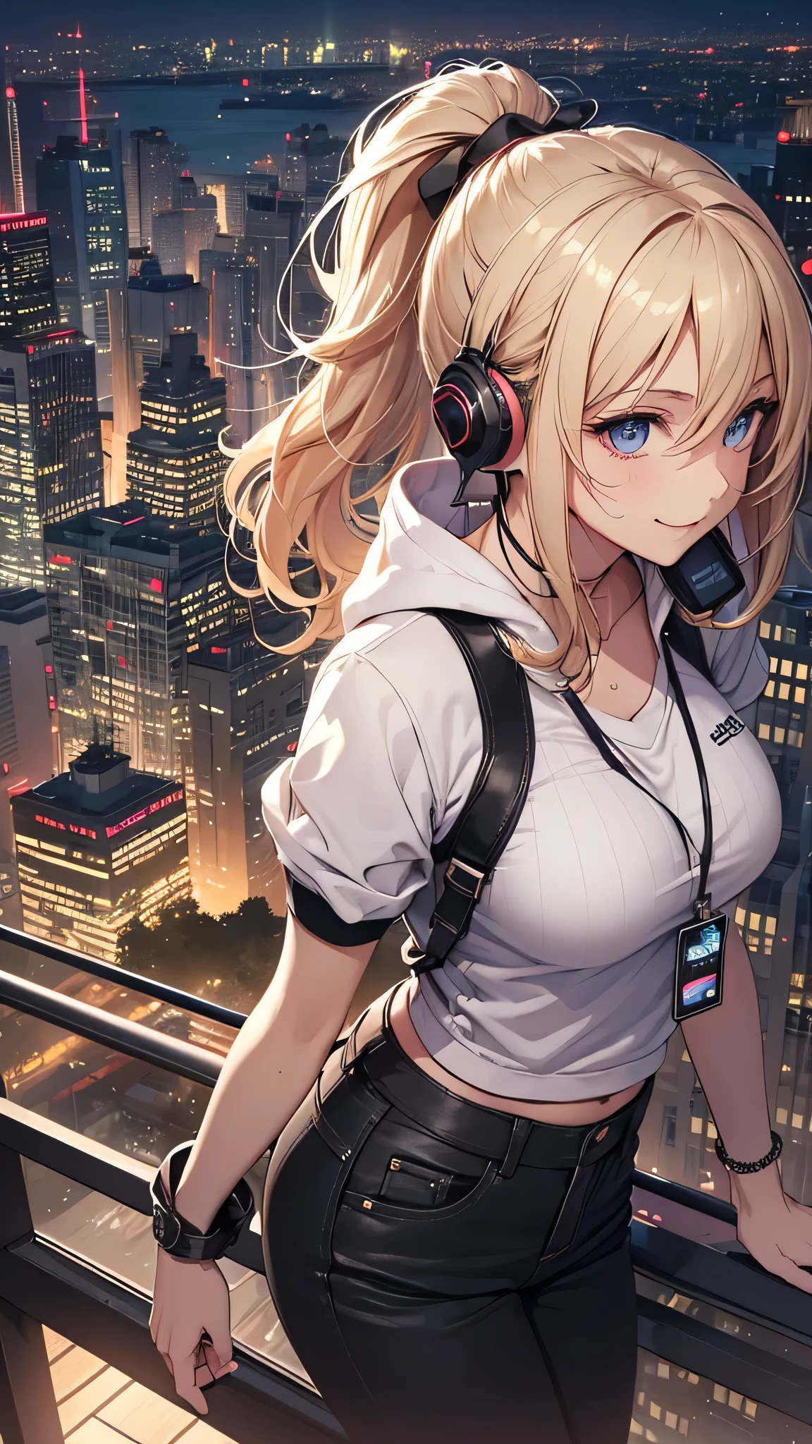 最high quality、best image quality、masterpiece、girl((20-year-old、 By becoming、vest bust、medium bust,wide open breast tea、shining eyes, blonde、long hair、thin,highest valley、ponytail、Black and purple hoodie with a wide open chest、short belly sports pants、cool pose、holding a black smartphone、sweating、smile、forward leaning movement、earphone、Get closer)),high quality、beautiful art、background((Rooftop with great atmosphere at night、beautiful illumination))、Flight、debris flies、Depth of written boundary、movie、visual art、perfect art、8k,genuine、