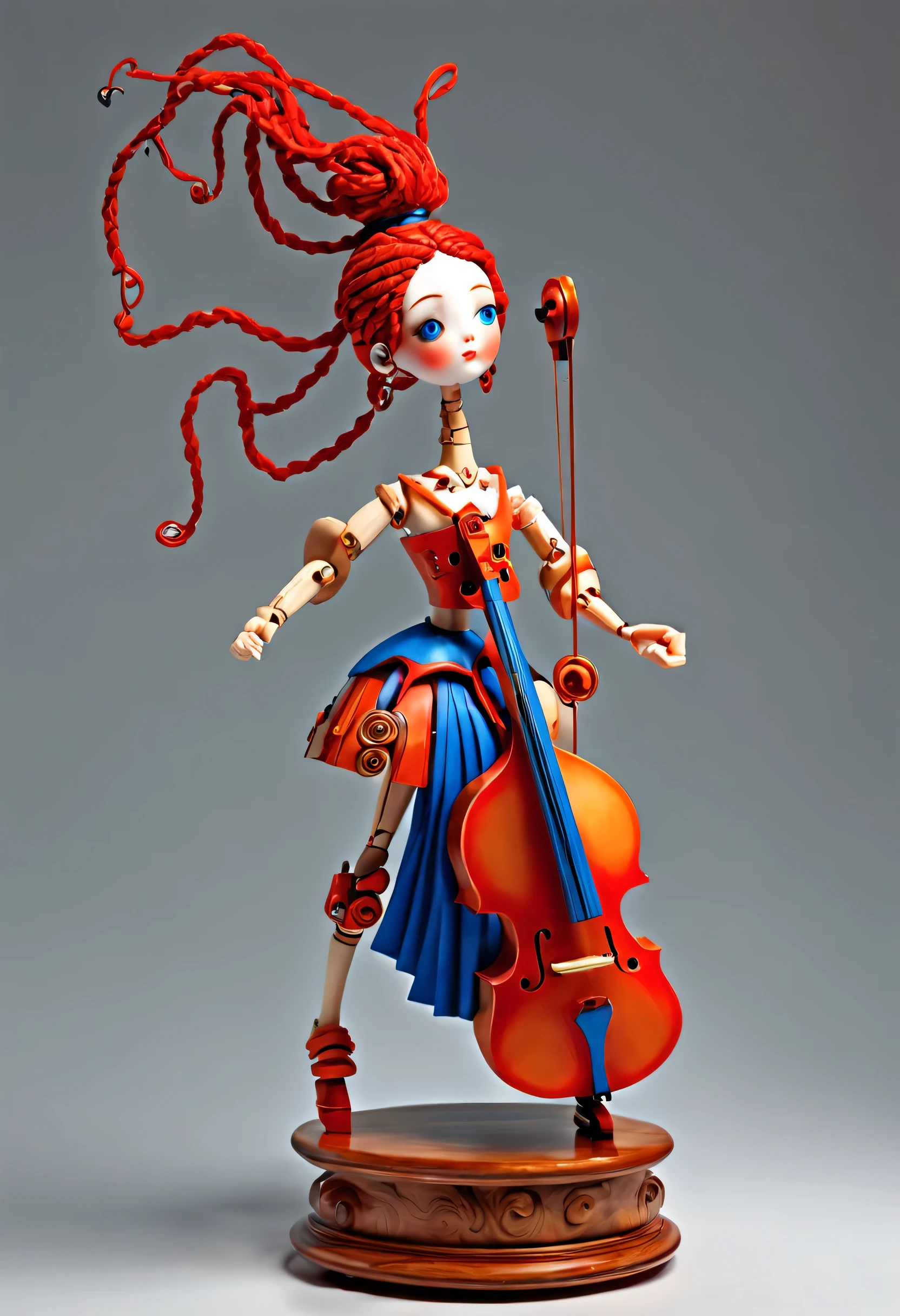 Mechanical dolls，music box，Marble sculpture style, role conception, (whole body), (一个拉大提琴的Mechanical dolls), Beautiful and meticulous, Mechanical wires hanging from the top connect the doll&#39;s fingers to the bow, Gear line connecting slender legs, (The log library of this mechanism), The key spring is inserted into the back of the doll, cute and beautiful face, Extra long red double braid, blue and orange skirt, Slender mechanical wooden arms and legs, 8k, super detailed, actual, high resolution, Ray tracing,background：Lots and lots of titanium wire