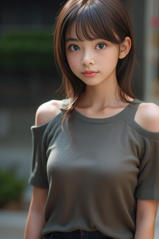 Ultra High Resolution, (Realistic: 1.4), RAW Photo, Best Quality, (Photorealistic), Focus, Soft Light, (()), (Front, Young Face))), (Depth of Field), (One Piece), Masterpiece, (Photoreal), Woman, Bangs, ((cold shoulder top, 1 Girl))