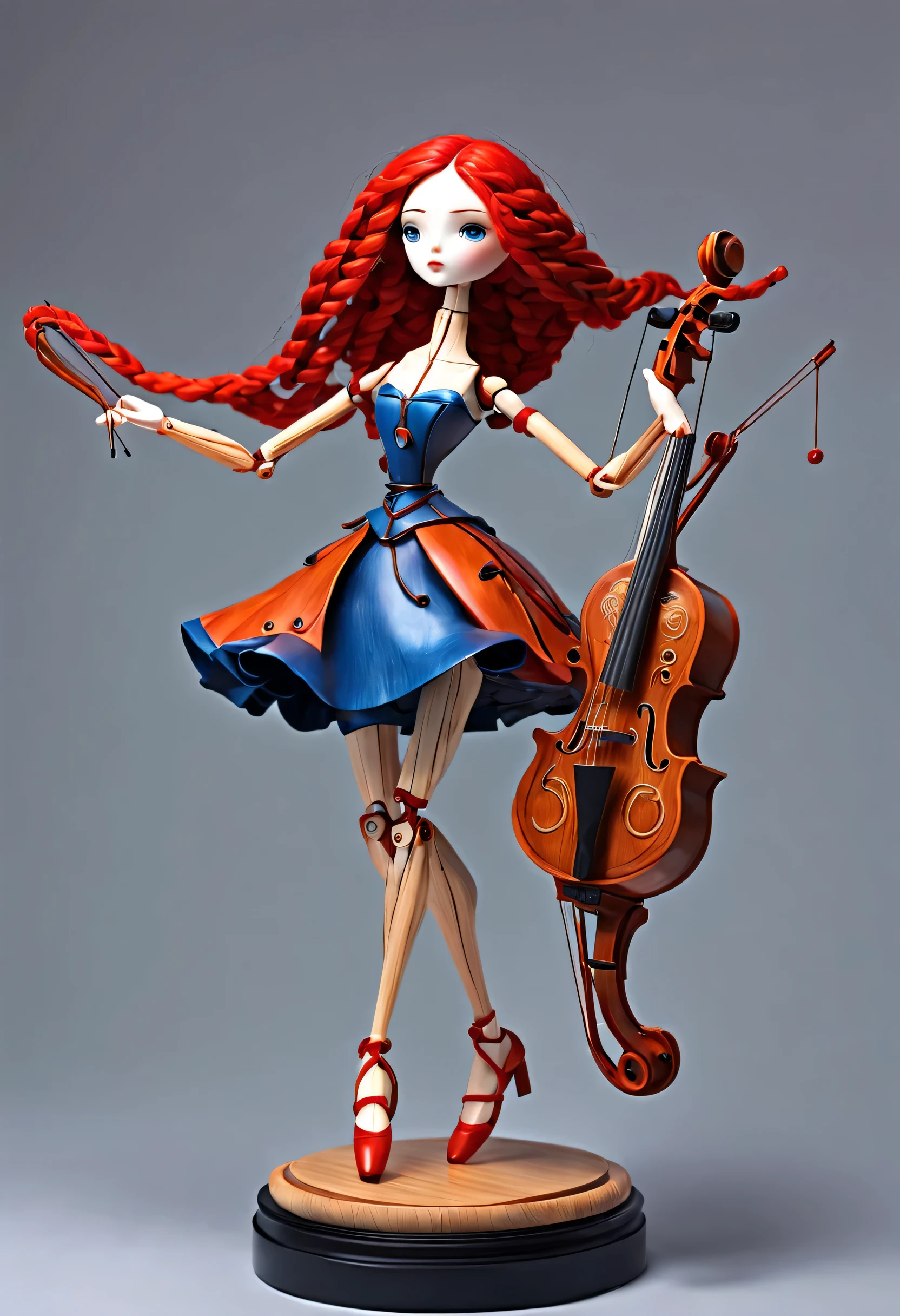 Mechanical dolls,music box,Marble sculpture style, role conception, (whole body), (一个拉大提琴的Mechanical dolls), Beautiful and meticulous, Mechanical wires hanging from the top connect the doll's fingers to the bow, Gear line connecting slender legs, (The log library of this mechanism), The key spring is inserted into the back of the doll, cute and beautiful face, Extra long red double braid, blue and orange skirt, Slender mechanical wooden arms and legs, 8k, super detailed, actual, high resolution, Ray tracing,background:Lots and lots of titanium wire