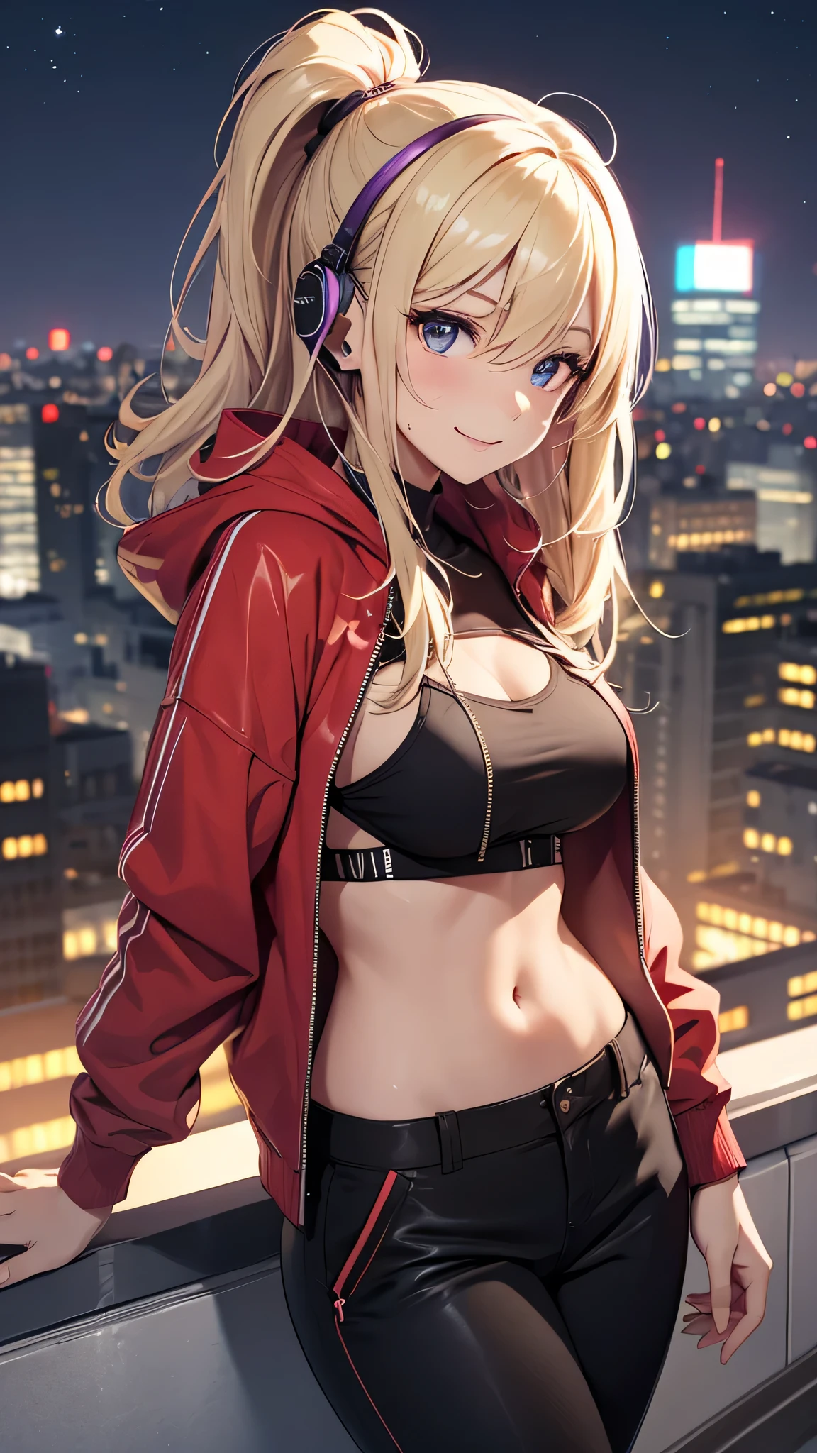最high quality、best image quality、masterpiece、girl((20-year-old、 By becoming、vest bust、medium bust,wide open breast tea、shining eyes, blonde、long hair、thin,highest valley、ponytail、Black and purple hoodie with a wide open chest、short belly sports pants、cool pose、holding a black smartphone、sweating、smile、forward leaning movement、earphone、Get closer)),high quality、beautiful art、background((Rooftop with great atmosphere at night、beautiful illumination))、Flight、debris flies、Depth of written boundary、movie、visual art、perfect art、8k,genuine、