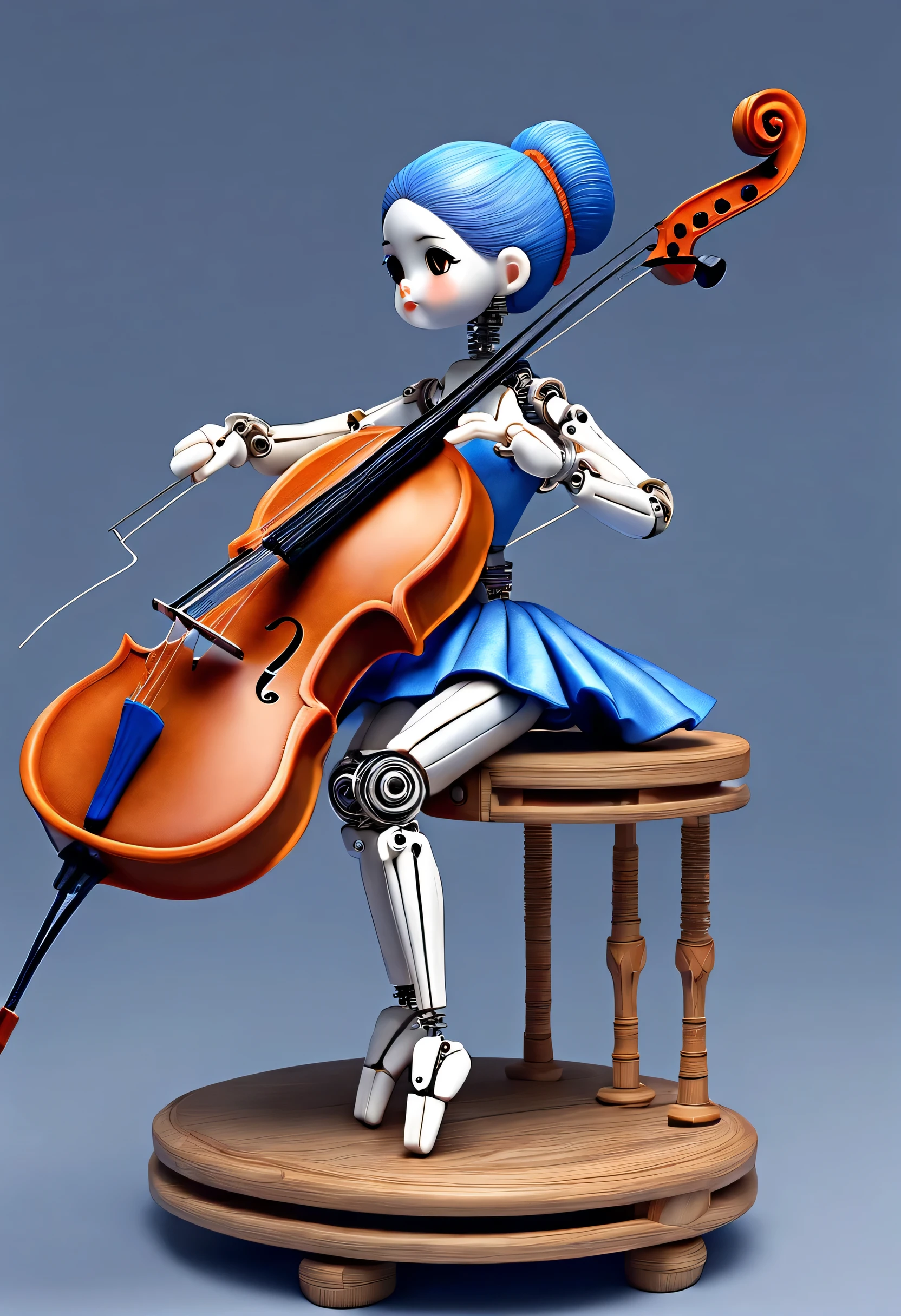 Marble sculpture style, role conception, (whole body), (A mechanical doll that plays the cello), Beautiful and meticulous, wire pull finger, Wires hanging from the sky connect the fingers of the doll's bow, Gear line connecting slender legs, (Machine-made wooden base), The key spring is inserted into the back of the doll, cute and beautiful face, Extra long red double braid, blue and orange skirt, Slender mechanical wooden arms and legs, 8k, Super detailed, lifelike, high resolution, Ray tracing,...