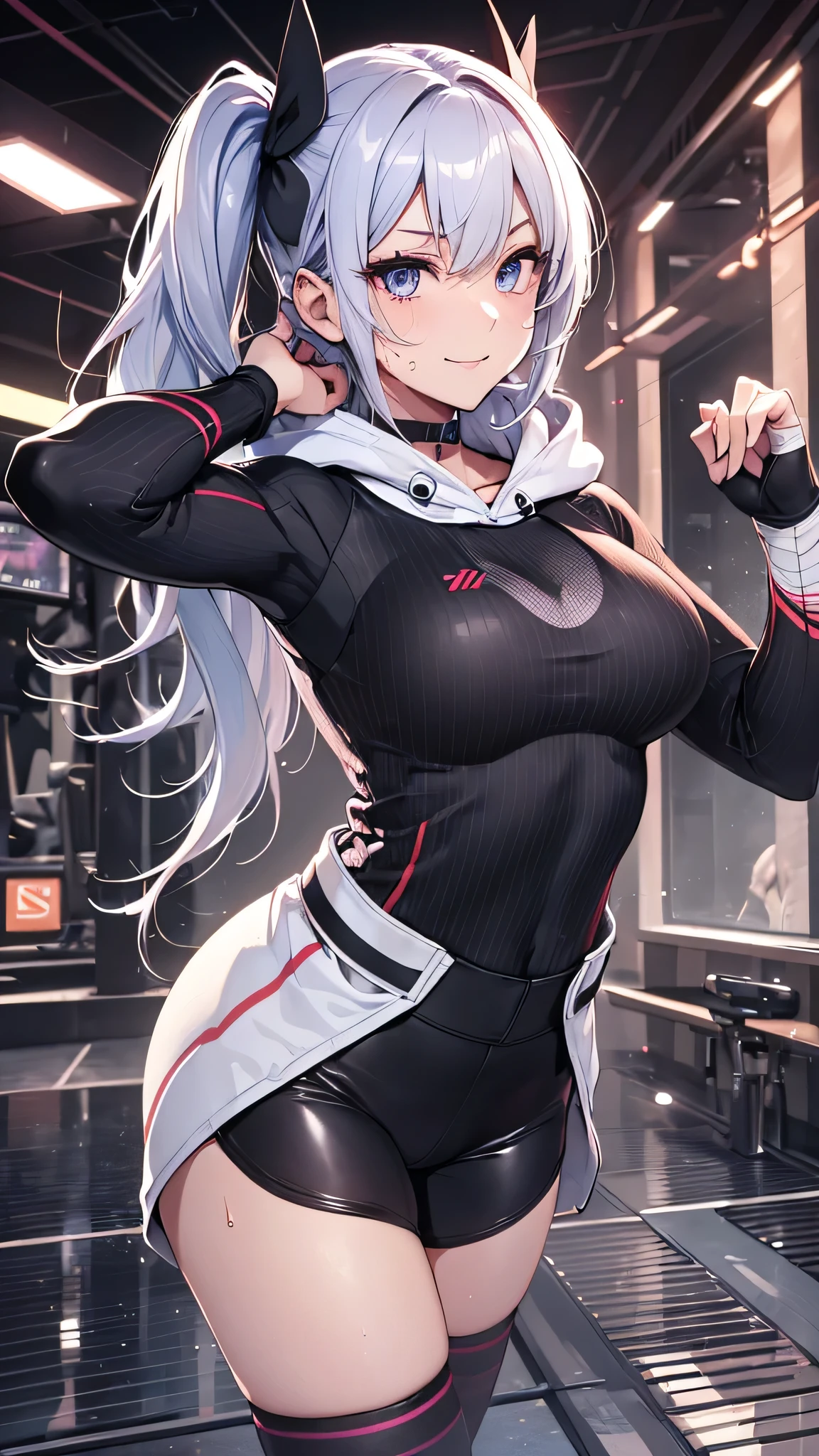 最high quality、best image quality、masterpiece、girl((20-year-old、 By becoming、vest bust、medium bust,wide open breast tea、shining eyes, silver hair、long hair、thin,highest valley、twin tails、right arm bandage、Black and purple hoodie with a wide open chest、short belly sports pants、cool pose、holding a black smartphone、sweating、smile、forward leaning movement)),high quality、beautiful art、background((cyber sports gym))、Flight、debris flies、Depth of written boundary、movie、visual art、perfect art、8k,genuine、