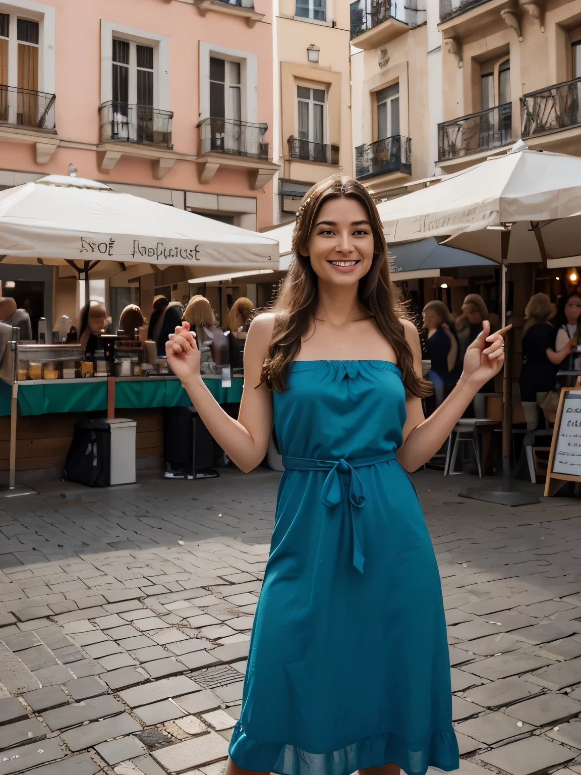 (best quality,highres,ultradetailliert:1.2), hdr, lebendige Farben, Beautiful girl, blaues Kleid, Barcelona-Platz, Lively atmosphere, charmante Architektur, Farbenfrohe Blumen, happy people, atemberaubenden Blick, cozy cafe, Essen im Freien, Sonniges Wetter, elegantes Kleid, stylischer Hut, freudiger Ausdruck, Langes, wallende Haare, lively street artists, Hektik, Street musicians, delicious food stalls, historische Wahrzeichen, Mosaikpflaster, dekorative Brunnen, Palmen, blauer Himmel, warmer Sonnenschein, Lachen und Lachen, unbeschwerte Momente