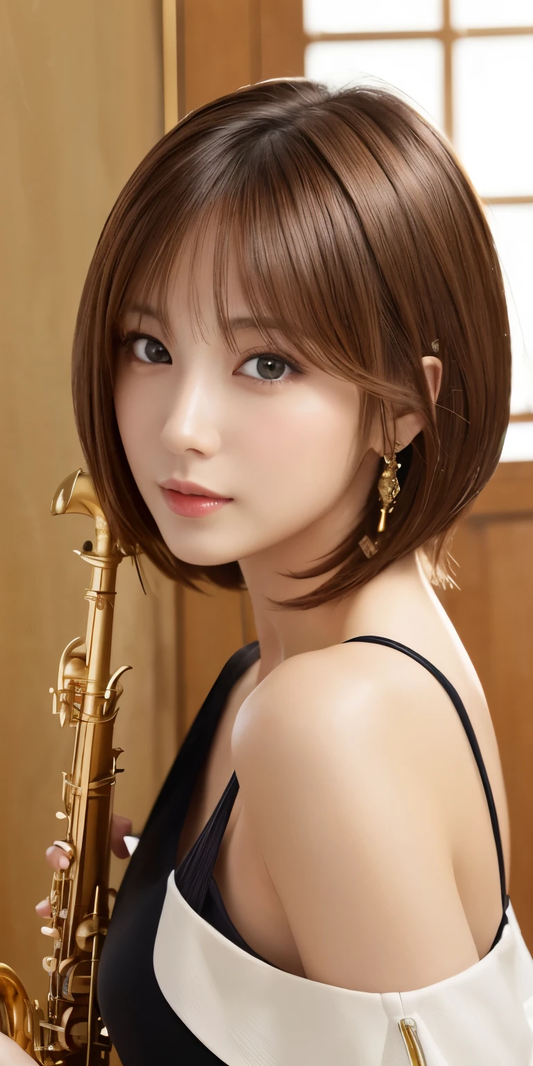 masterpiece、highest quality、High resolution、table top、wallpaper、realistic、bright lighting、professional lighting、face light、smooth lighting、japanese woman、adult、Beautiful woman、action、gravure、sexy、poor、super beautiful、beautiful skin、beautiful and detailed eyes、detailed face、slim、Moderate、short hair、brunette colored hair、brown eyes、look at the camera、I have a saxophone