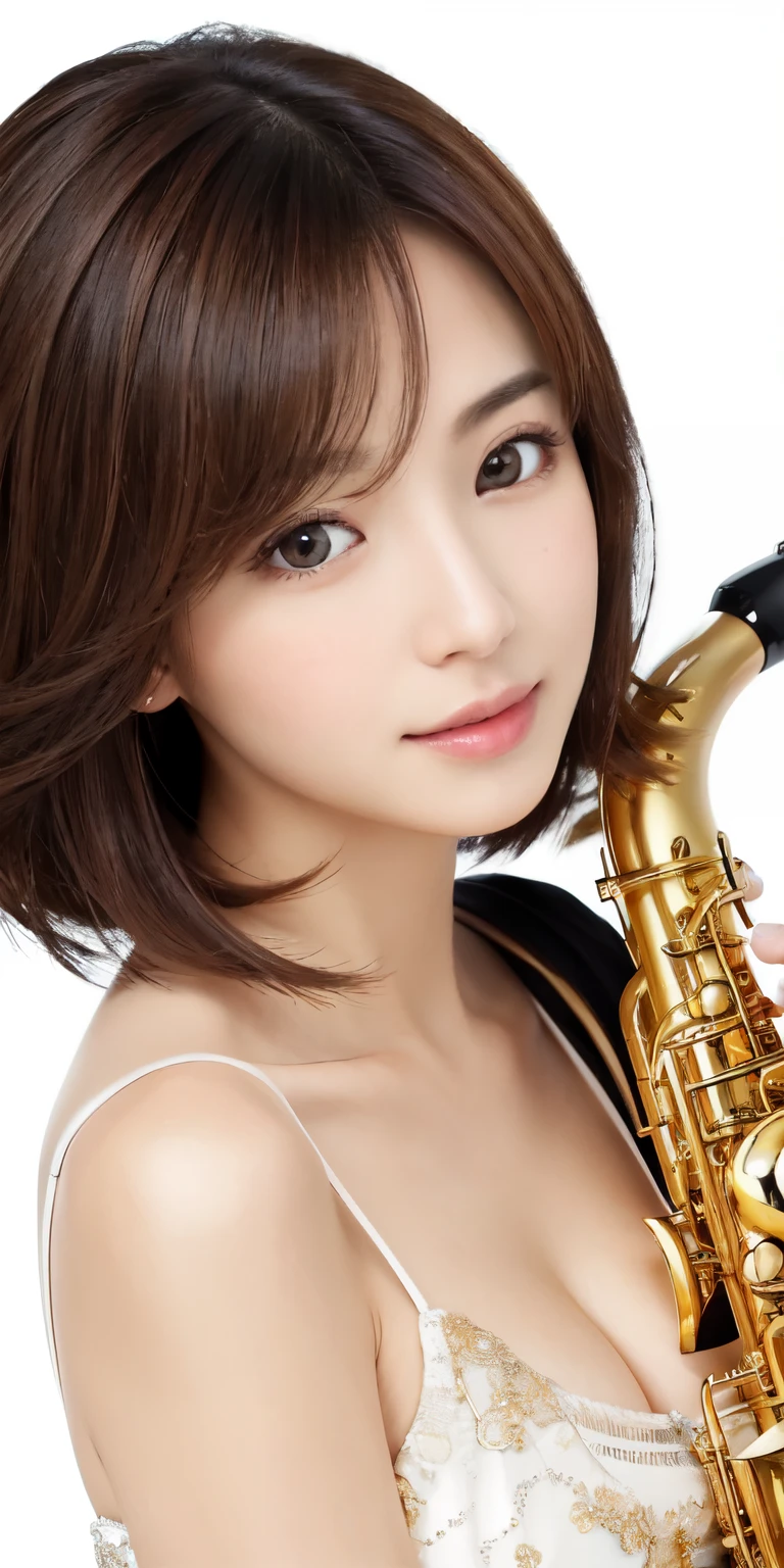 masterpiece、highest quality、High resolution、table top、wallpaper、realistic、bright lighting、professional lighting、face light、smooth lighting、japanese woman、adult、Beautiful woman、action、gravure、sexy、poor、super beautiful、beautiful skin、beautiful and detailed eyes、detailed face、slim、Moderate、short hair、brunette colored hair、brown eyes、look at the camera、I have a saxophone
