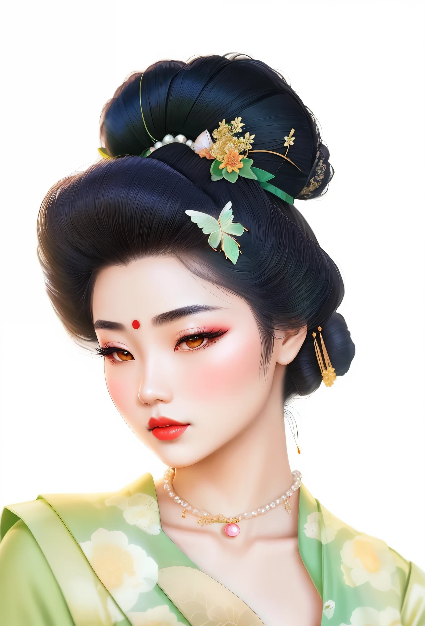 Alaphid Asian woman wearing green dress and floral comb,Gauze green skirt, pearl necklace,jade buckle pendant,geisha release,Hairpin,Butterfly,Delicate hair,Curved thin eyebrows,red lips,flowing hair