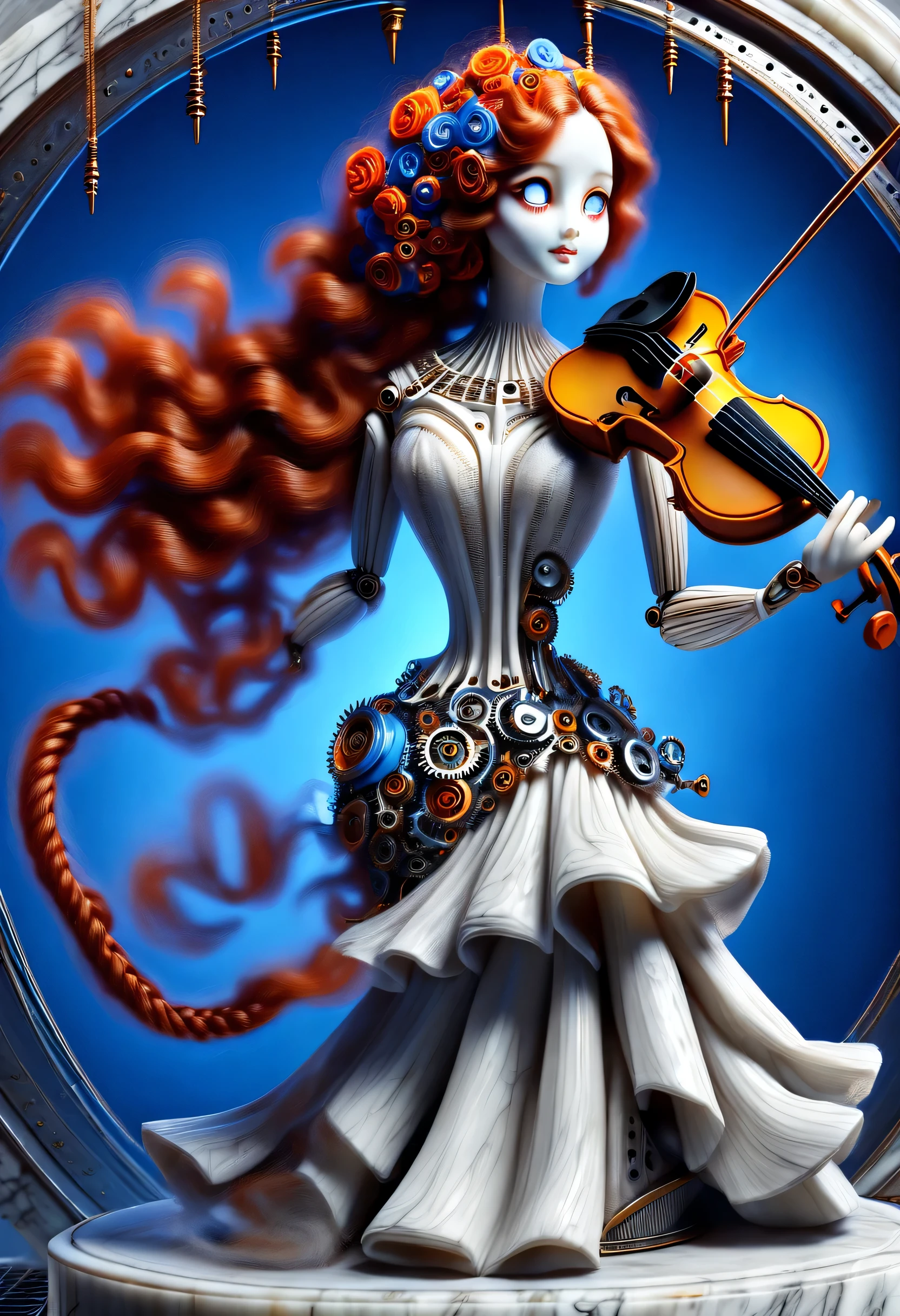 Mechanical doll design，Marble sculpture style（Mechanical doll playing violin）, robot character, Beautiful and meticulous，Mechanical clockwork，gear，Mechanical device base，Insert the top screw key into the back of the doll，Extra long red double braided hair，blue and orange skirt，rotate，dance，8k，Ultra-fine，lifelike，high resolution，Motion ray tracing，