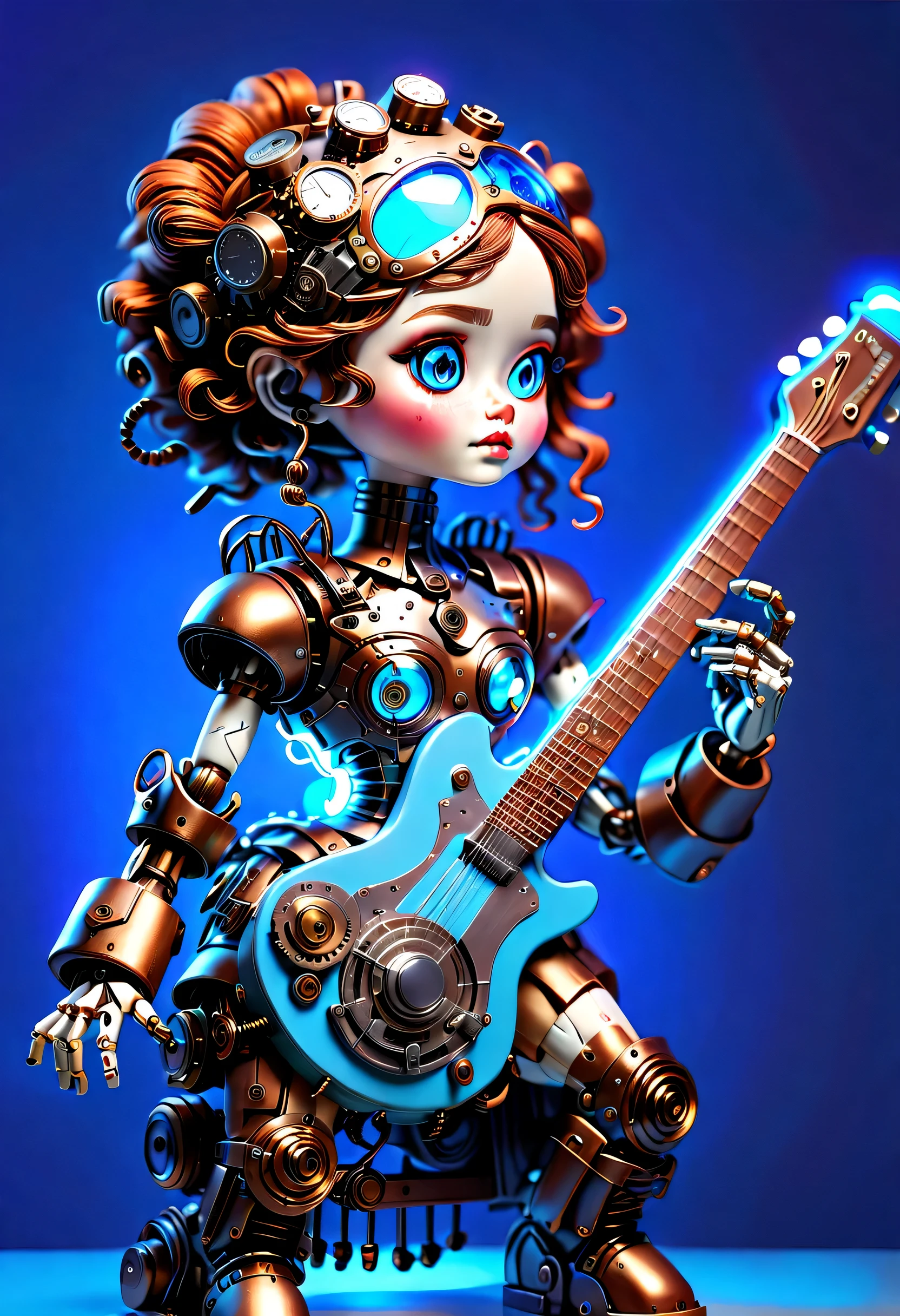mechanical娃娃设计，Map design style，（mechanical构造的汉代玩偶，演奏mechanical构造的中国古筝），（whole body）， robot character, Beautiful and meticulous，mechanical发条，gear，mechanical，(音乐盒旋转mechanical底座），Extra long red double braided hair，blue and orange skirt，dance，8k，Ultra-fine，lifelike，high resolution，Motion ray tracing，