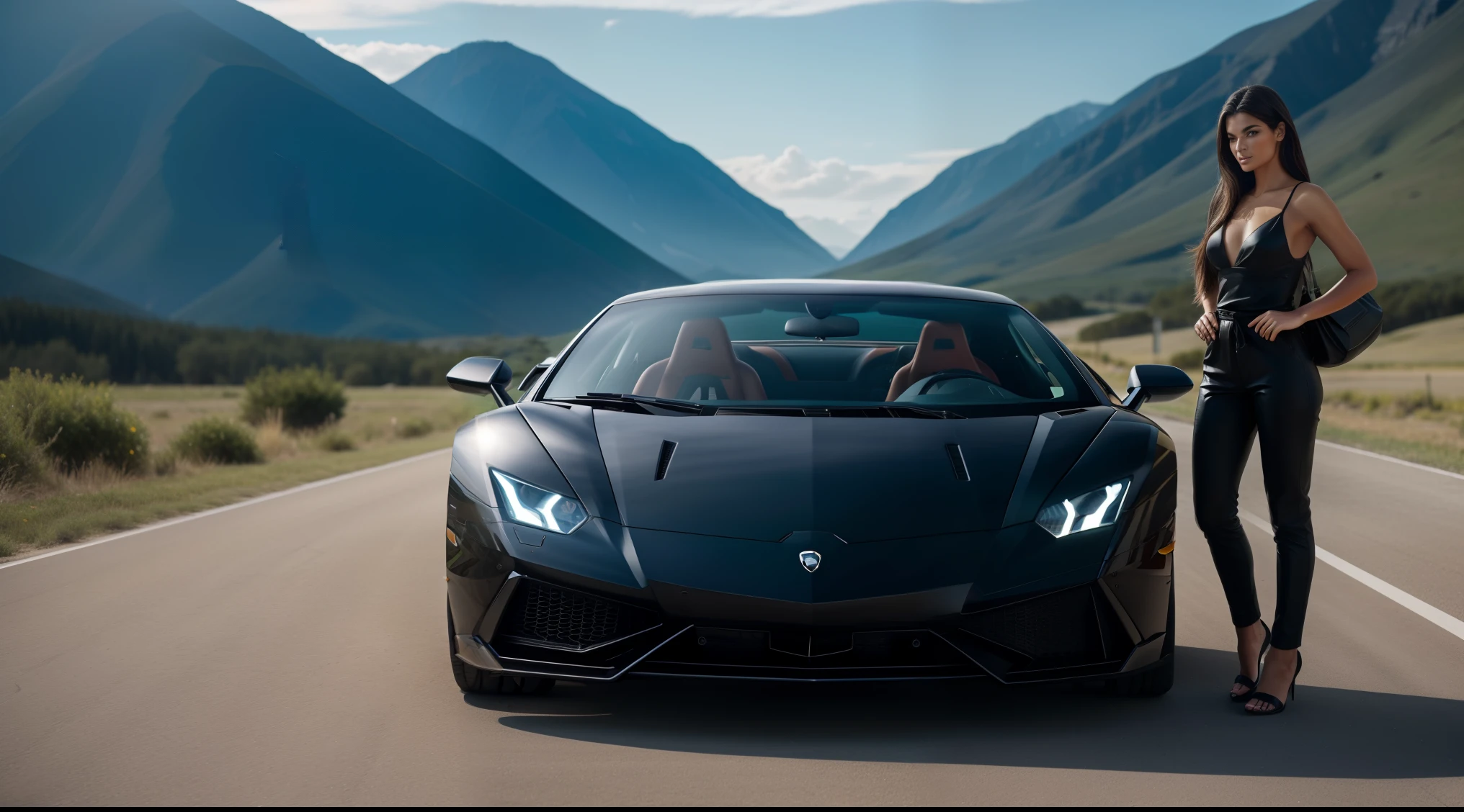 Attractive and healthy supermodel standing in front of a black Lamborghini