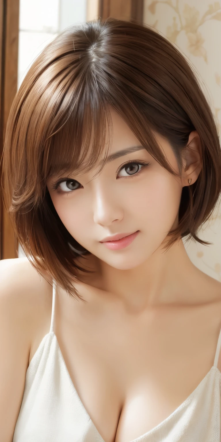 masterpiece、highest quality、High resolution、table top、wallpaper、realistic、bright lighting、professional lighting、face light、smooth lighting、japanese woman、adult、Beautiful woman、action、gravure、sexy、poor、super beautiful、beautiful skin、beautiful and detailed eyes、detailed face、slim、Moderate、short hair、brunette colored hair、brown eyes、look at the camera、I have a saxophone