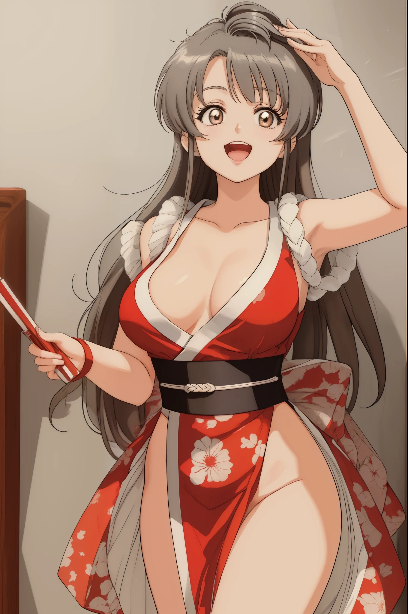 masterpiece, best quality, minami kotori, cowboy shot,kunoichi dress, large breasts, curvy body,smile, open mouth,cowboy shot , BREAK dojo, japanese architecture, llchar