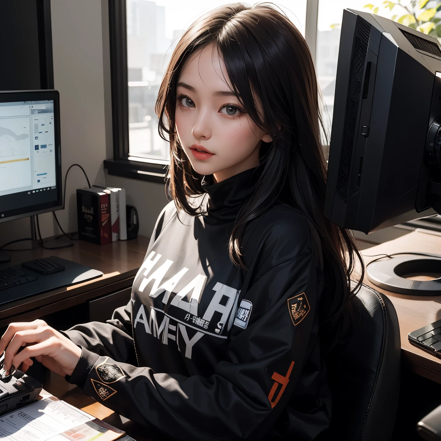 A woman wearing a gamer outfit faces the opposite direction, with the name "Ah-Meng" written on the back of her garment. The image is a highly detailed and intricate masterpiece, captured in the best 4K resolution. The gamer outfit is illustrated with a dynamic angle, showcasing vibrant colors and expertly done shading. Every stitch on the clothing and every curve on her back can be seen in remarkable detail. The woman's long, dark and shiny hair flows behind her gracefully, adding to the overall sense of depth and texture in the illustration. The name "Ah-Meng" written on the back of her shirt is rendered in crisp and clear letters, making it